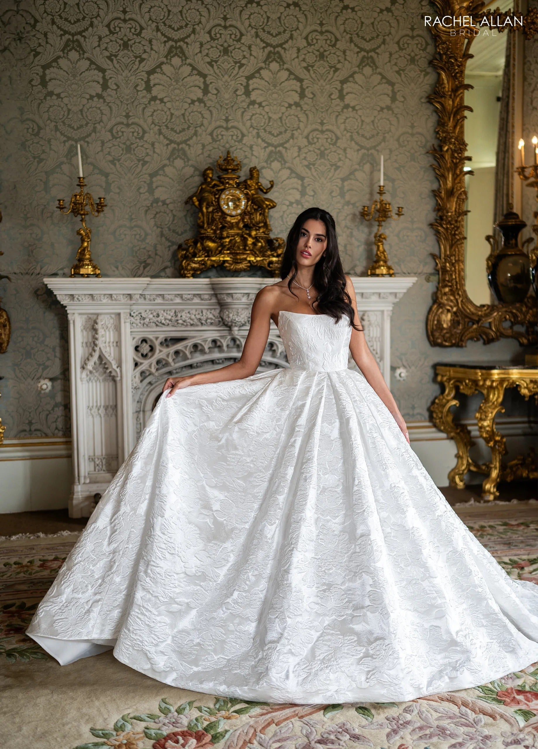 Ivory Strapless Floor-Length Brocade Wedding Dress Ballgown with Pockets Rachel Allan RB3240