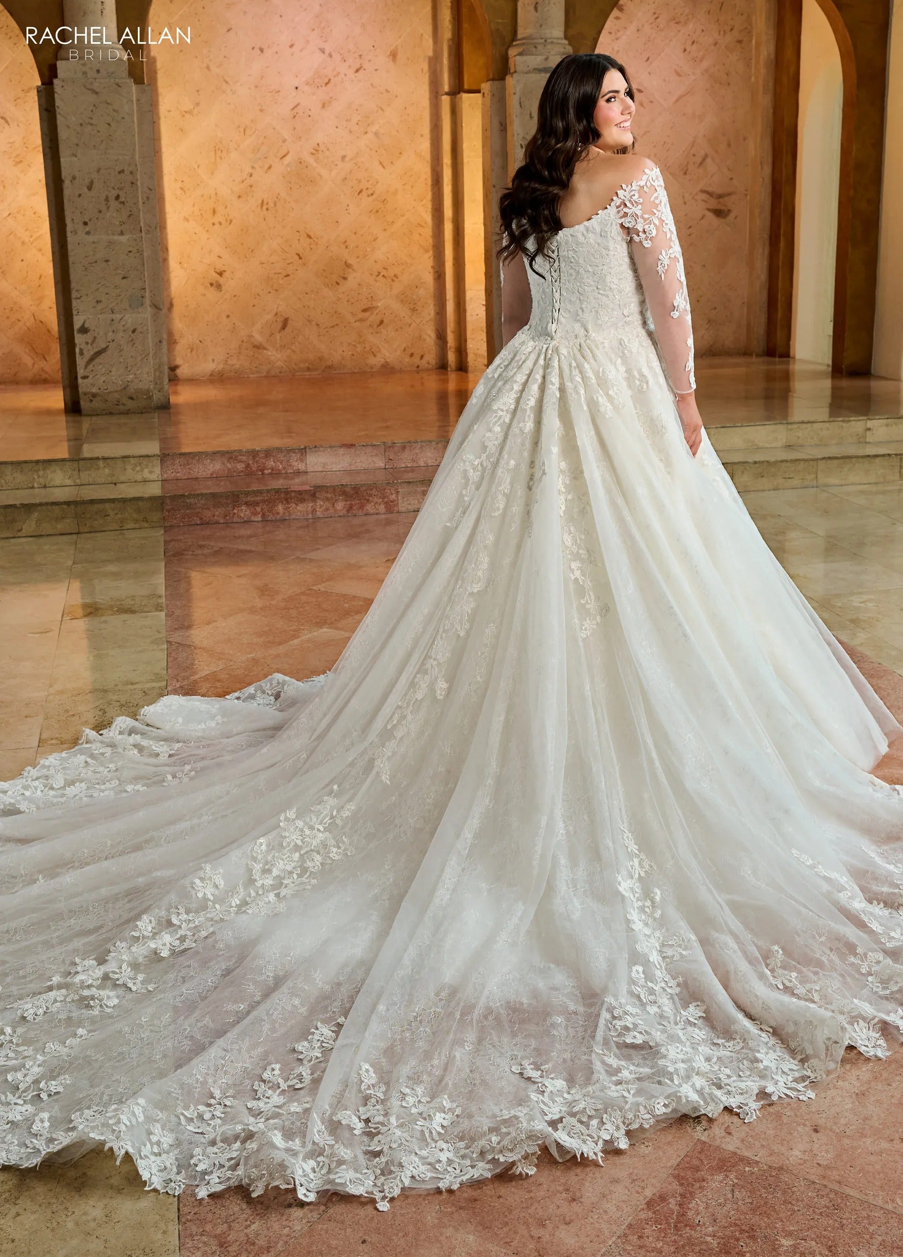 Ivory Off-the-Shoulder Floor-Length Tulle Ball Gown with Semi-Cathedral Train Rachel Allan RB3196
