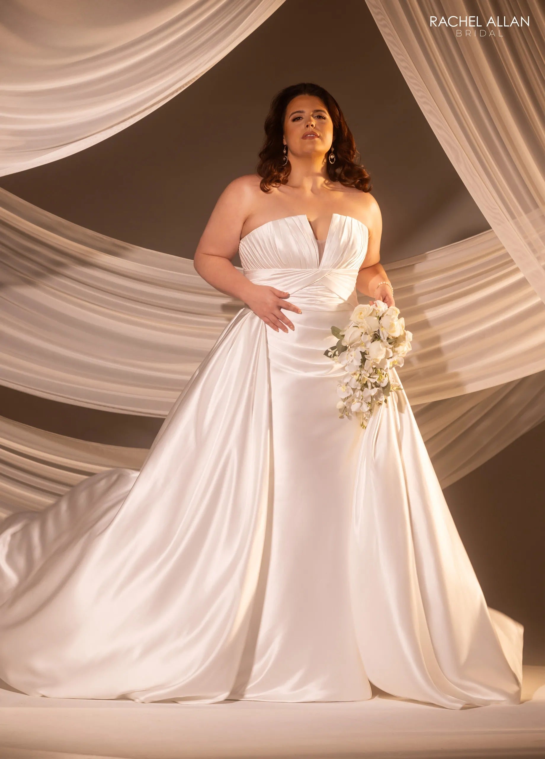 Ivory V-Neck Floor-Length Tulle A-Line Wedding Dress with Floral Lace Applique Rachel Allan RB3226