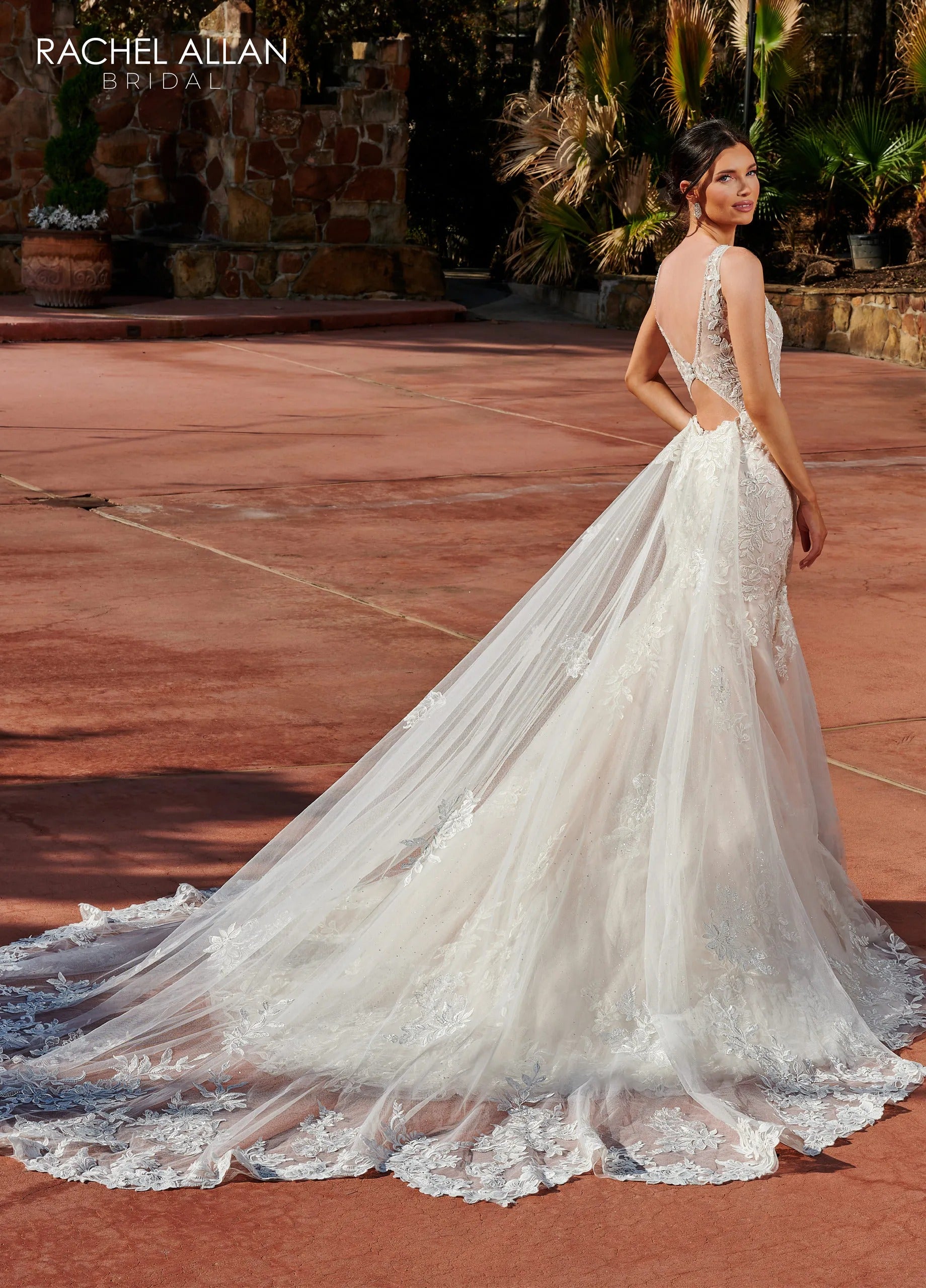 Ivory Champagne V-Neck Floor-Length Glitter Tulle Mermaid Wedding Gown with Scallop Train Rachel Allan RB3168
