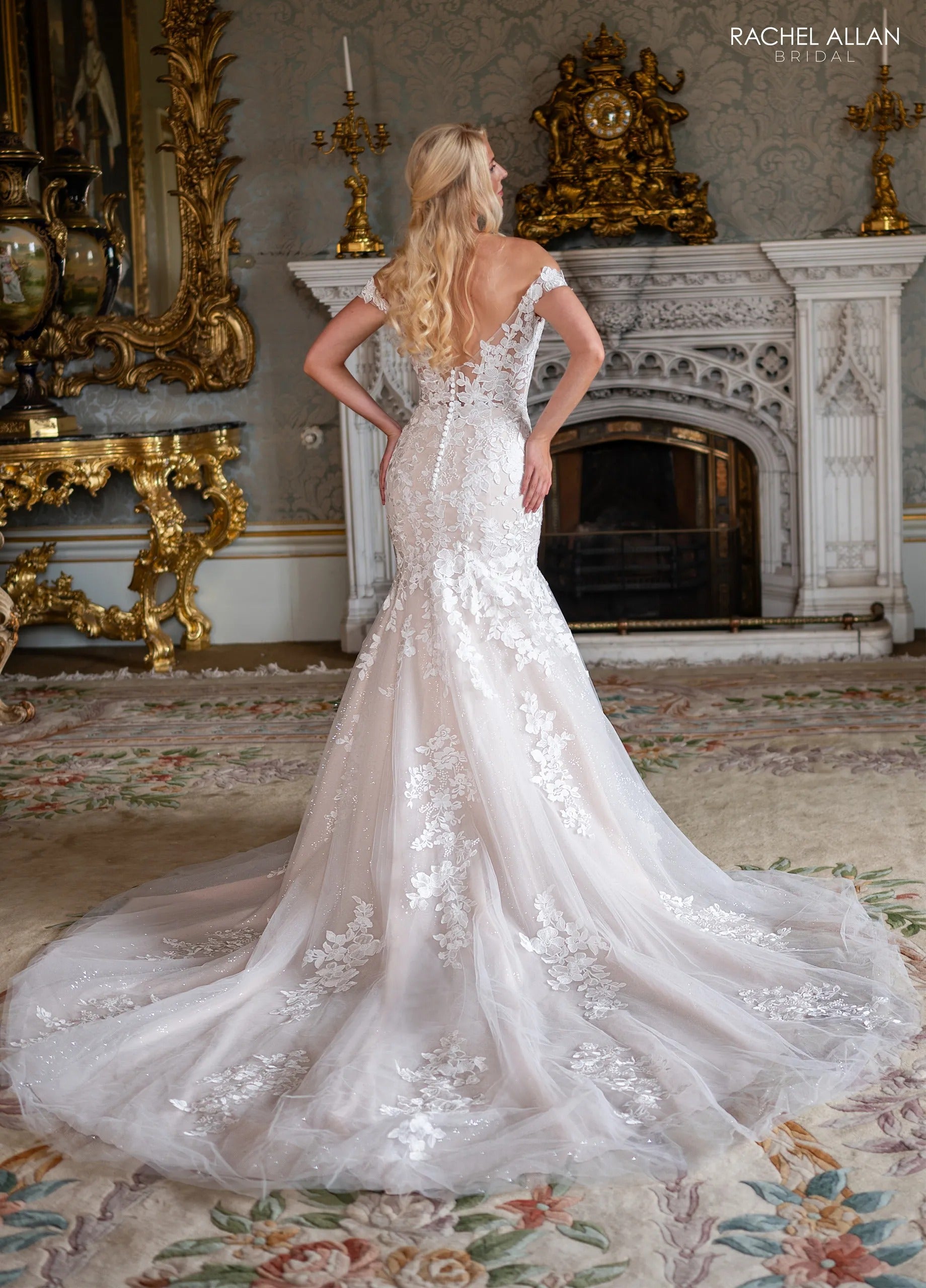 Ivory Champagne Nude Off-the-Shoulder Floor-Length Glitter Tulle Wedding Dress Mermaid Gown with Chapel Rachel Allan RB3245