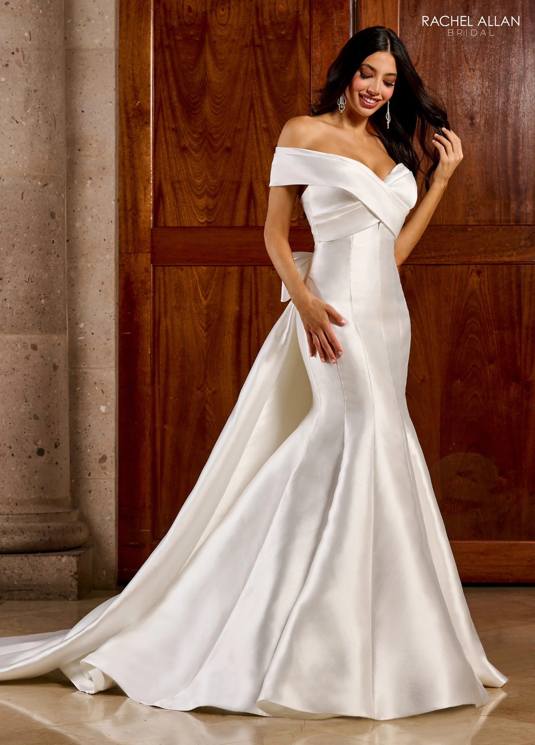 Ivory Off-the-Shoulder Floor-Length Mikado Fit and Flare Wedding Dress with Detachable Train Rachel Allan RB3188