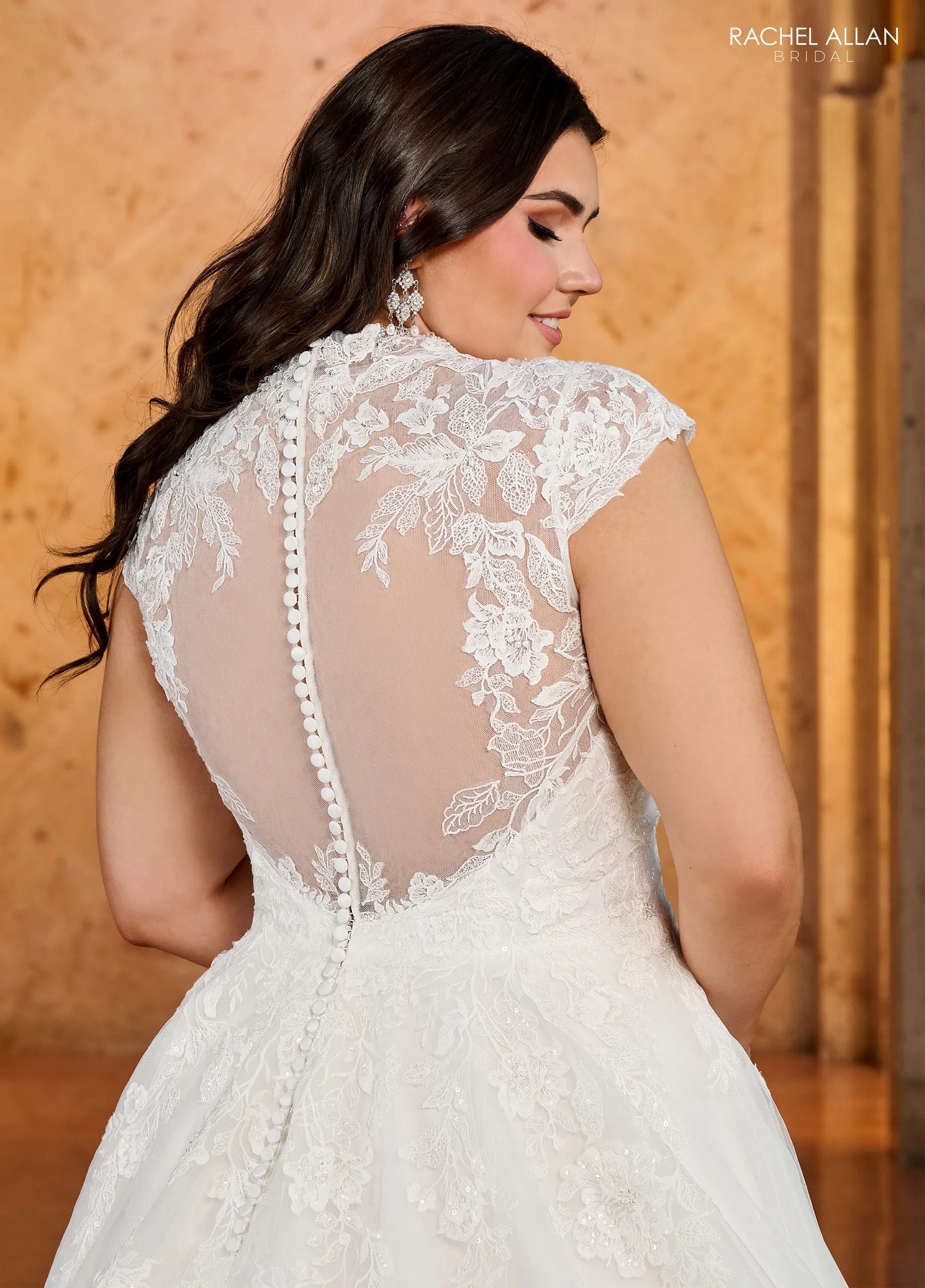 Ivory V-Neck Floor-Length Tulle Ball Gown with Applique Mini Sleeves Rachel Allan RB3193