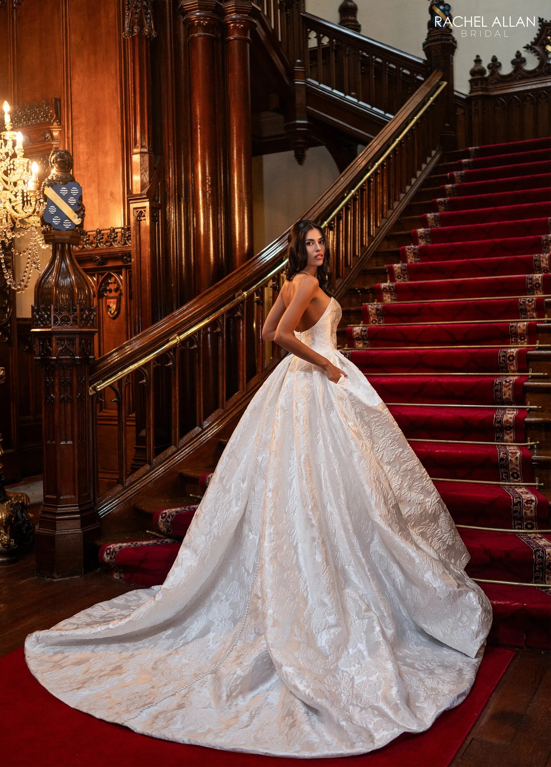 Ivory Strapless Floor-Length Brocade Wedding Dress Ballgown with Pockets Rachel Allan RB3240