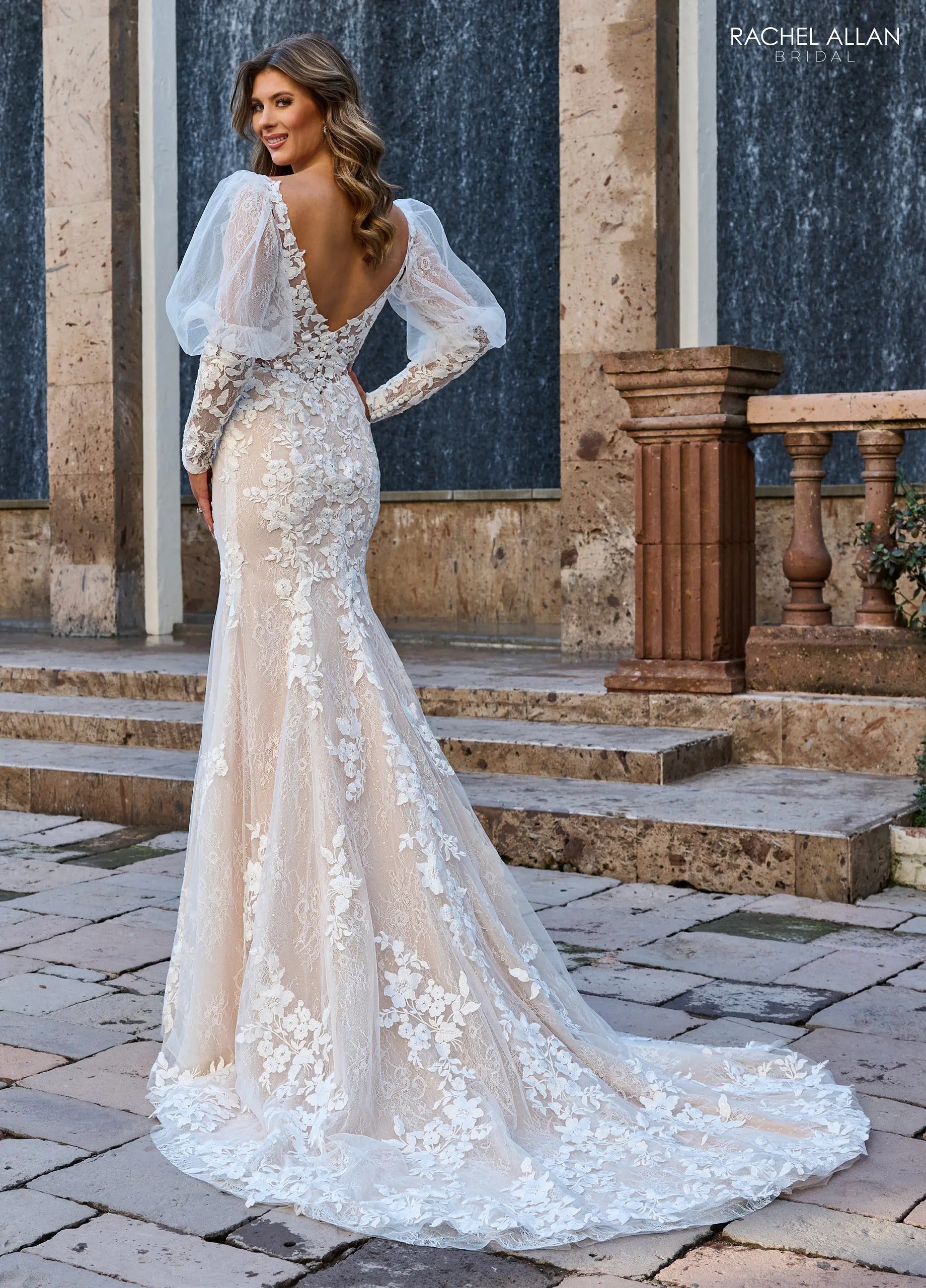 Ivory Nude V-Neck Floor-Length Floral Lace Mermaid Wedding Gown with Detachable Bishop Sleeves Rachel Allan RB3199