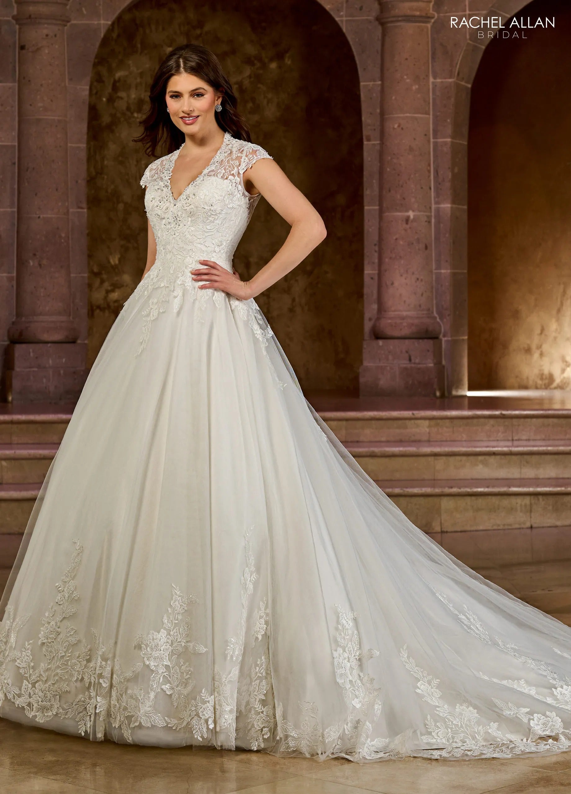 Ivory V-Neck Floor-Length Tulle Ball Gown with Applique Mini Sleeves Rachel Allan RB3193