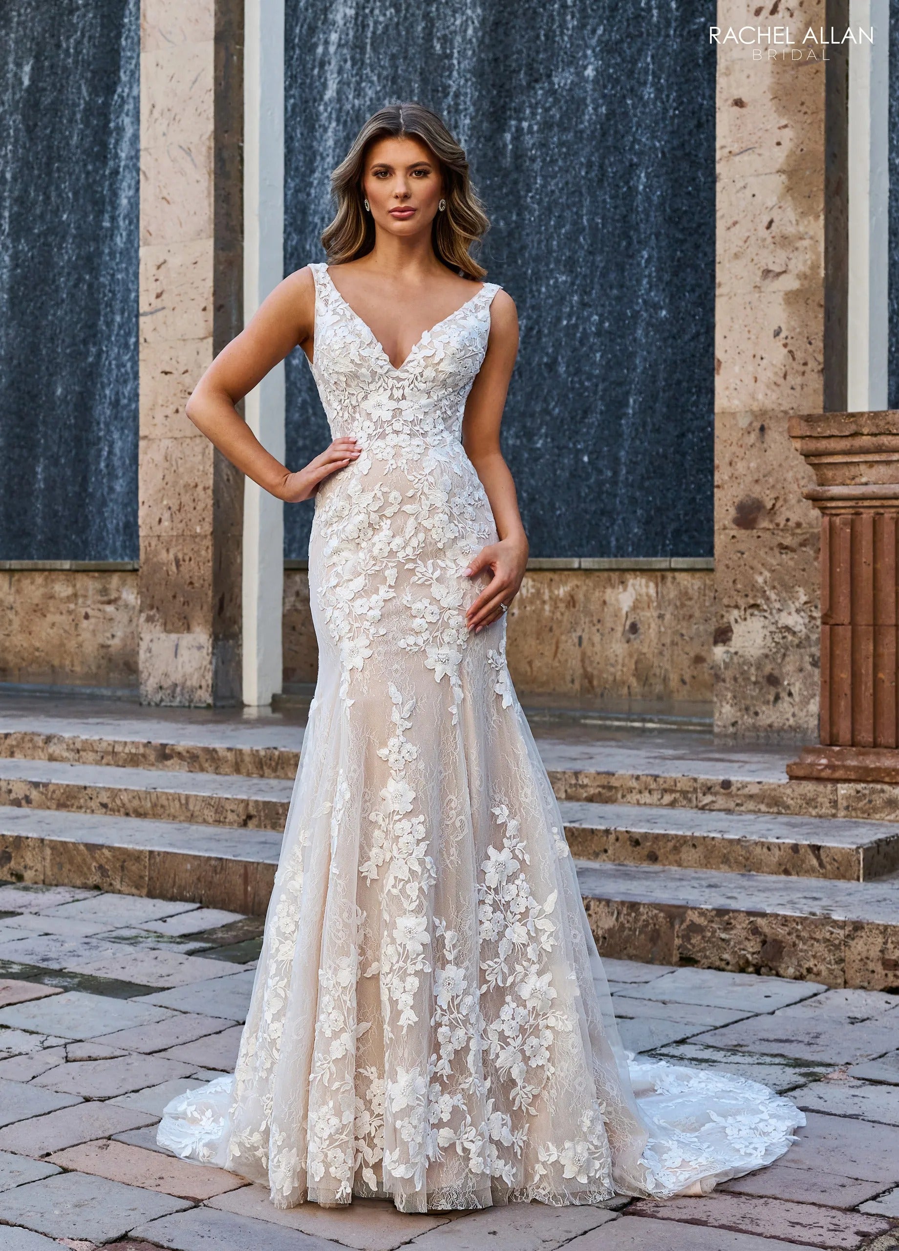 Ivory Nude V-Neck Floor-Length Floral Lace Mermaid Wedding Gown with Detachable Bishop Sleeves Rachel Allan RB3199