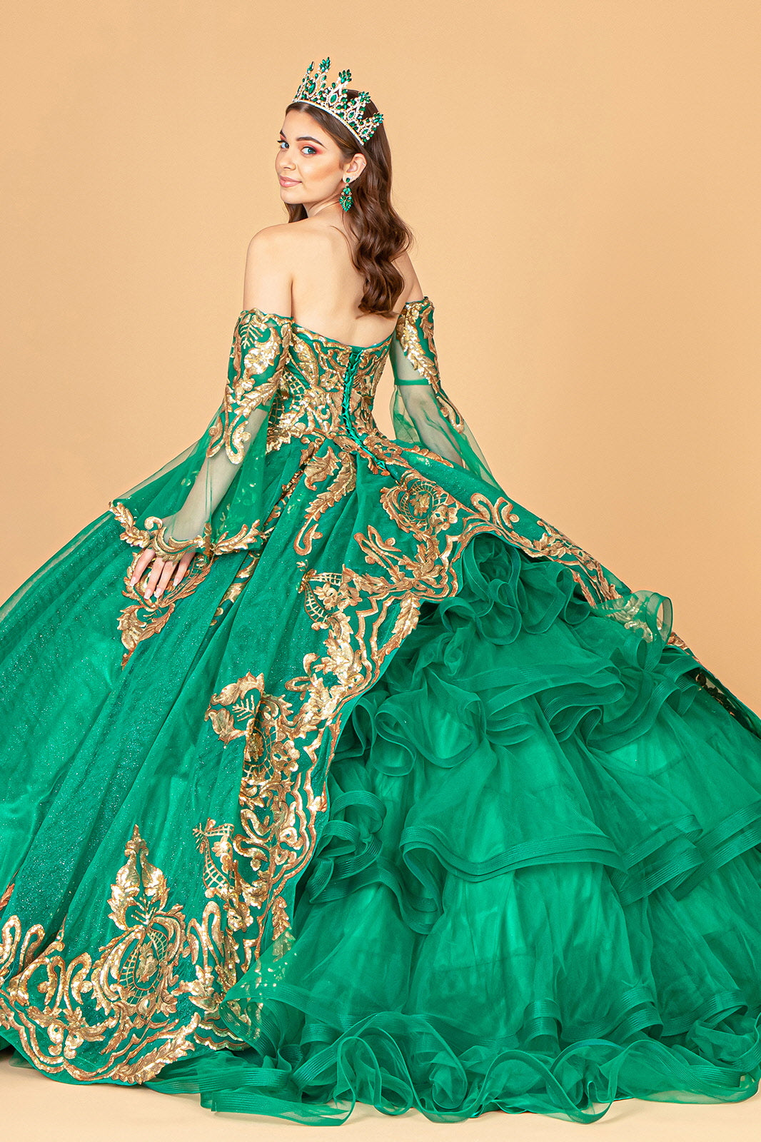 Long Strapless Ball Gown Mesh Quinceanera Dress - The Dress Outlet Emerald Green