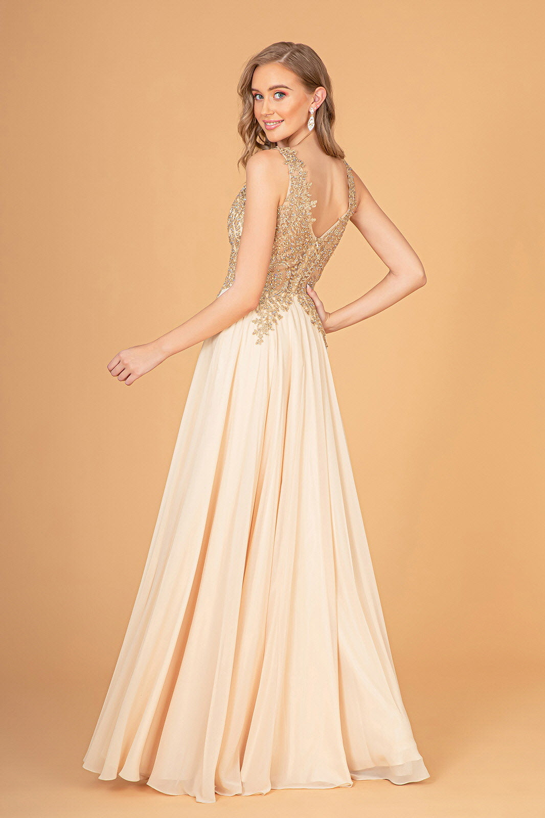 Embroidered Chiffon Long Prom Dress Formal - The Dress Outlet Champagne