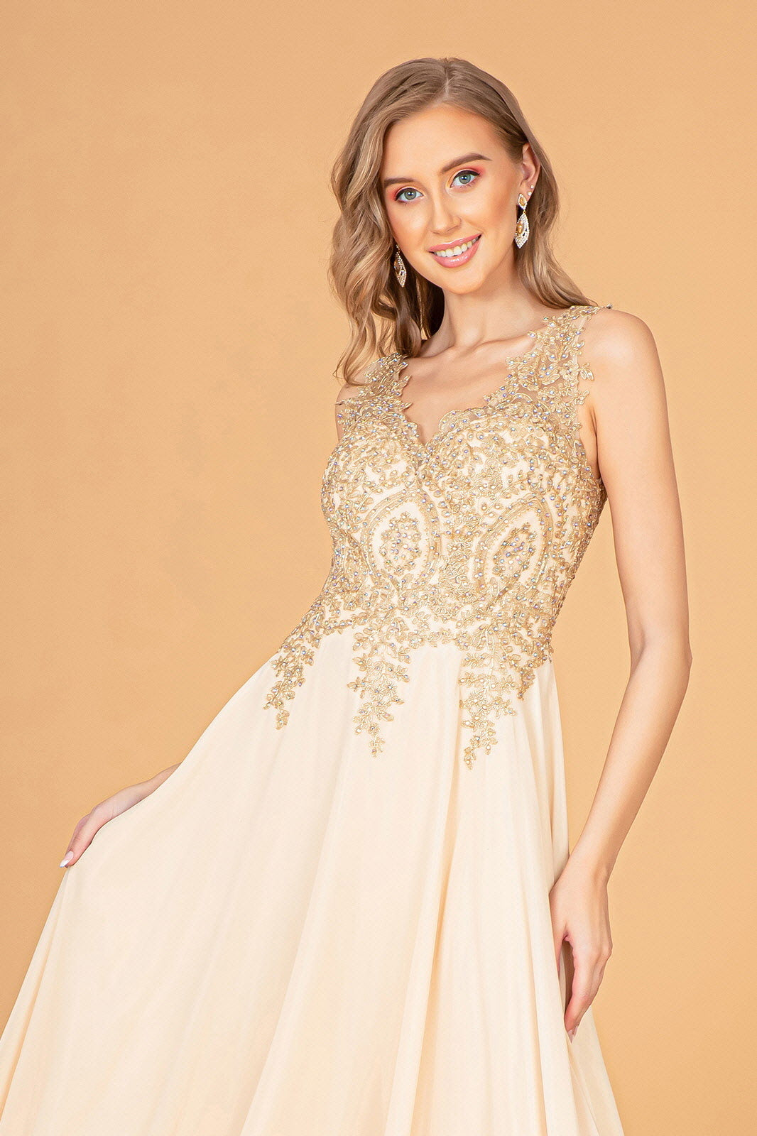 Embroidered Chiffon Long Prom Dress Formal - The Dress Outlet Champagne