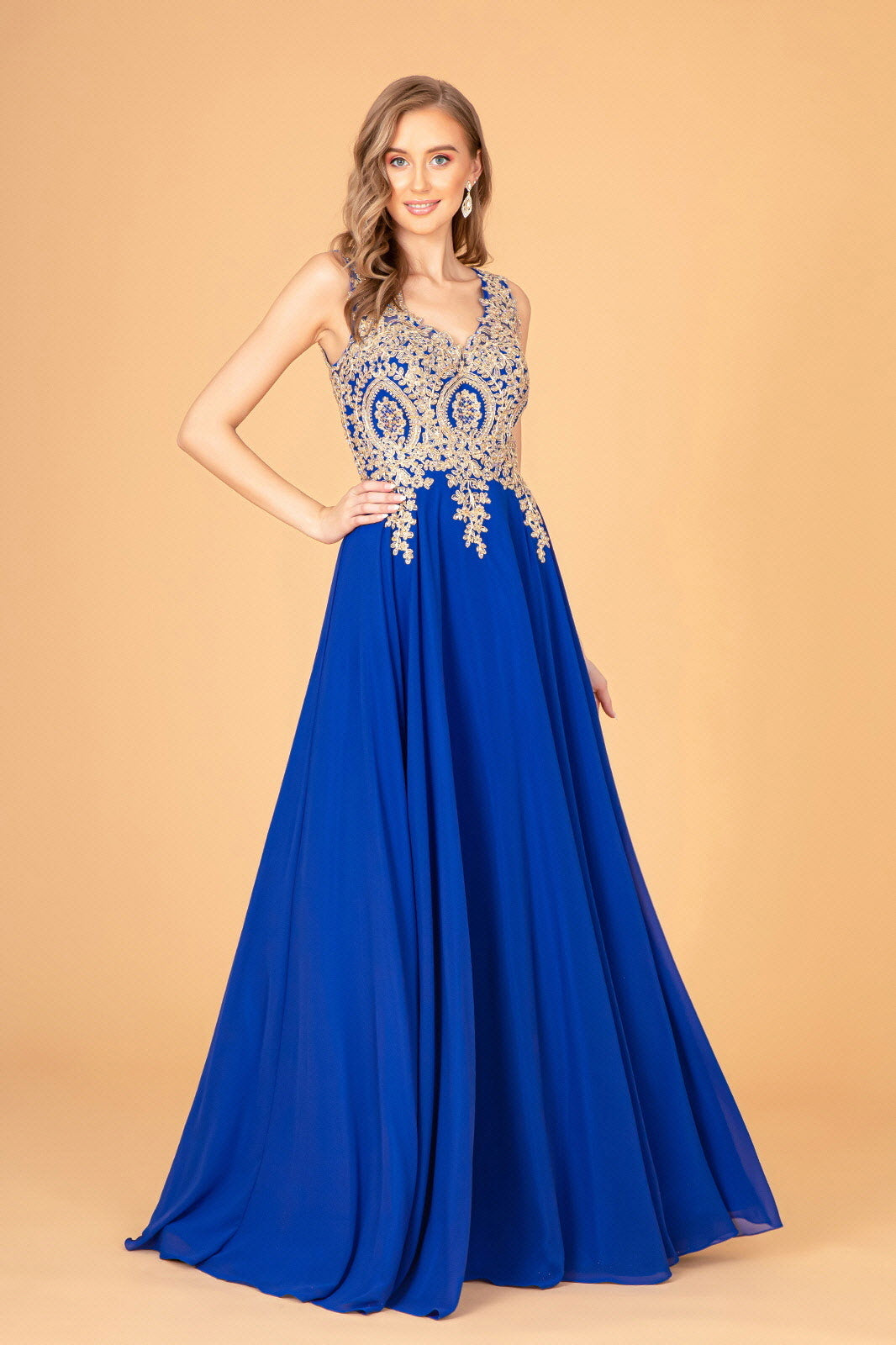 Embroidered Chiffon Long Prom Dress Formal - The Dress Outlet Royal Blue