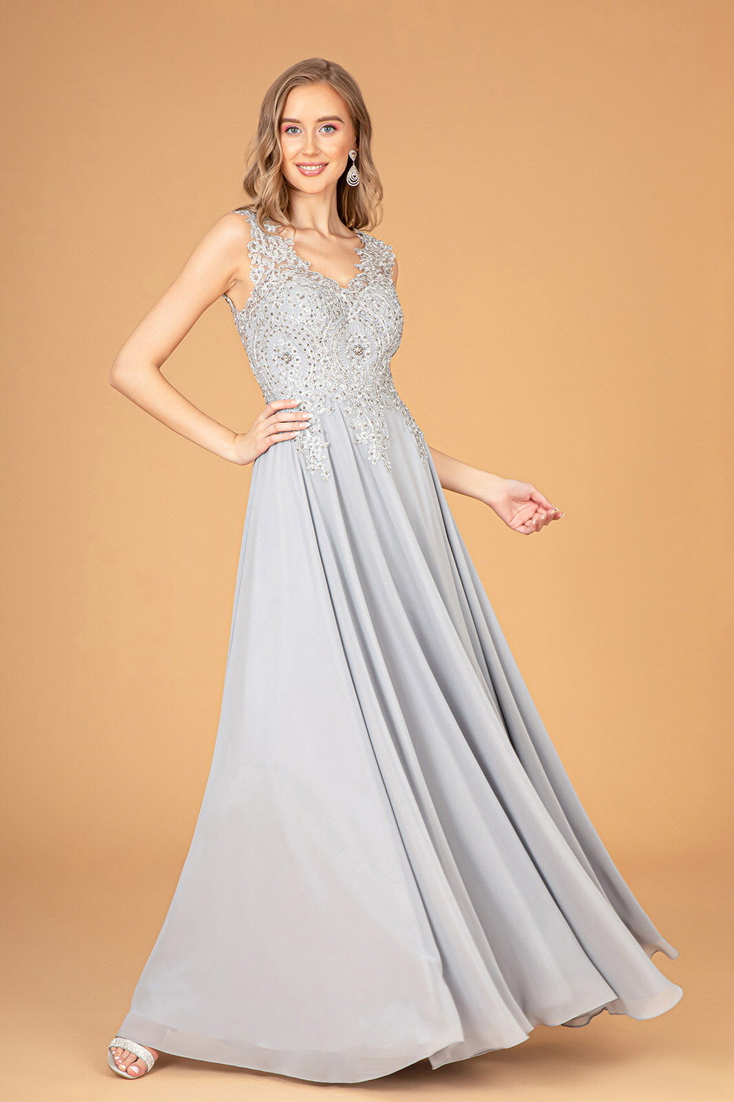 Embroidered Chiffon Long Prom Dress Formal - The Dress Outlet Silver