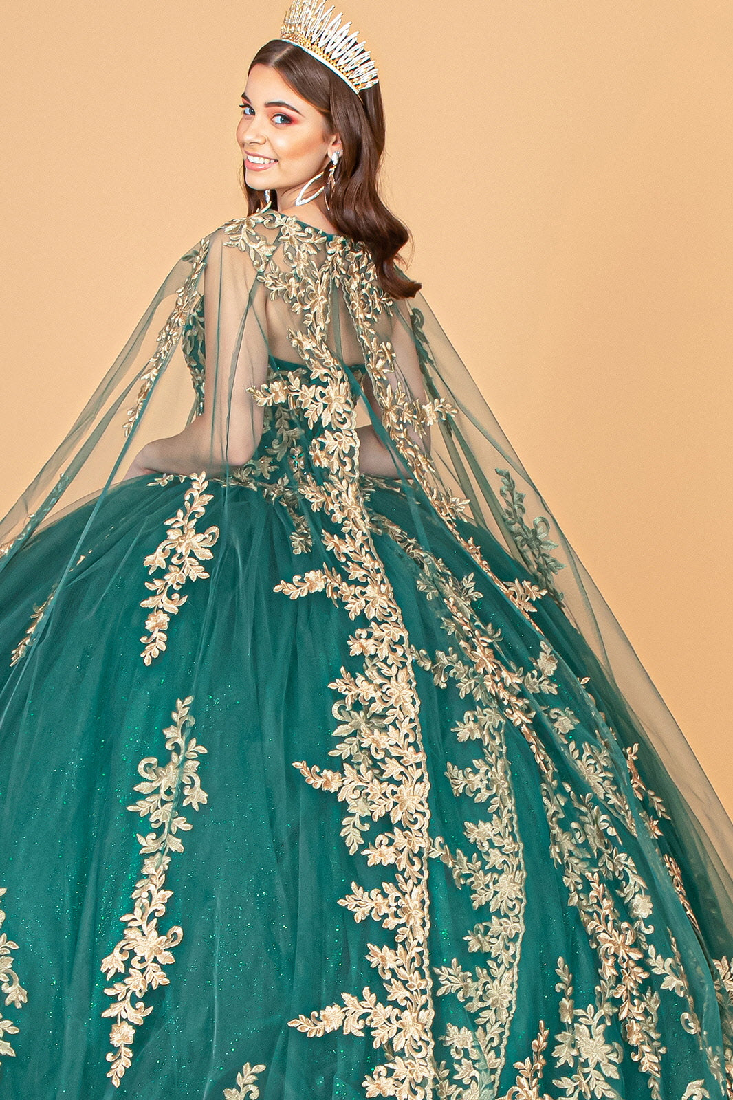 Long Ball Gown Strapless Mesh Cape Quinceanera Dress - The Dress Outlet Emerald Green