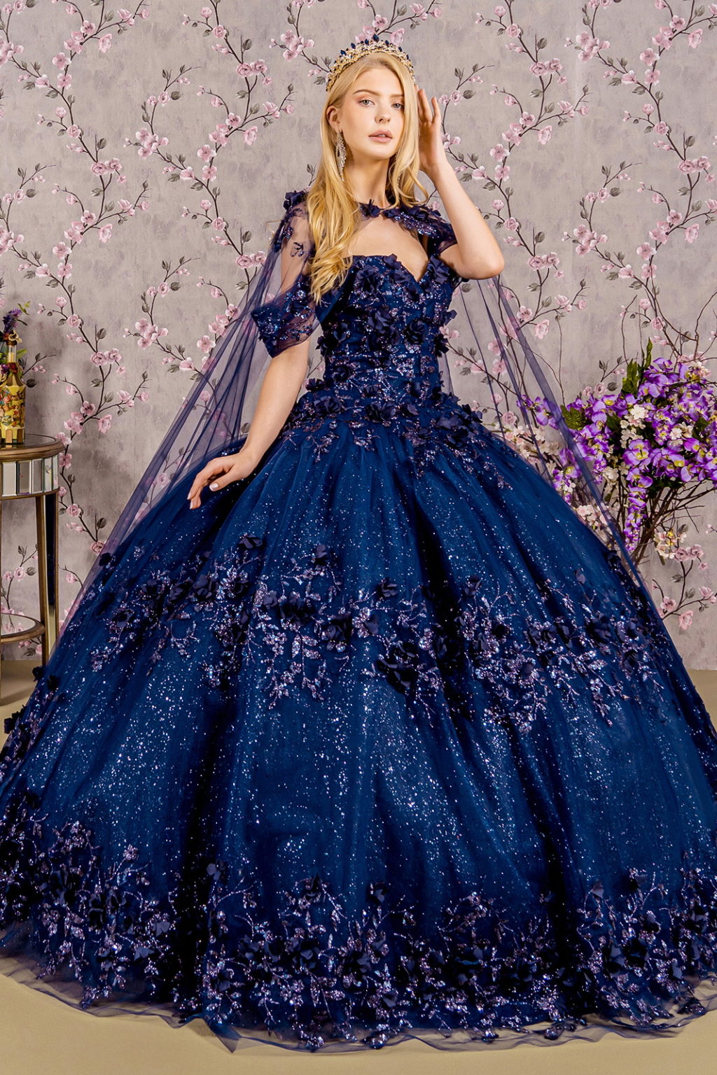 Navy Long Ball Gown Cape Quinceanera Dress for 682.95 The Dress Outlet