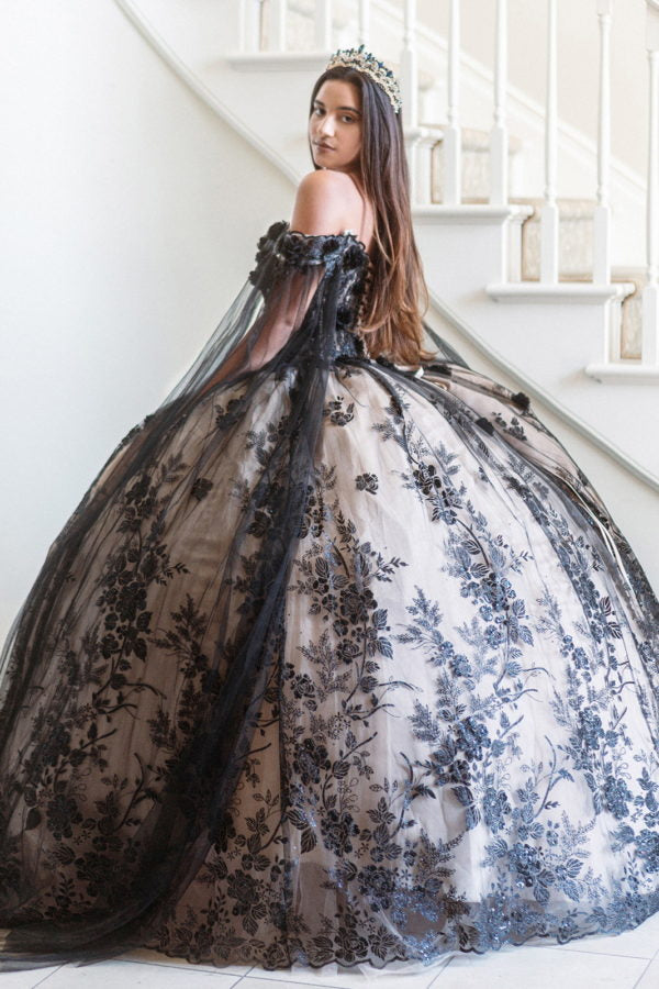 Quinceanera Dresses Long 3D Floral Quinceanera Dress Black/Champagne