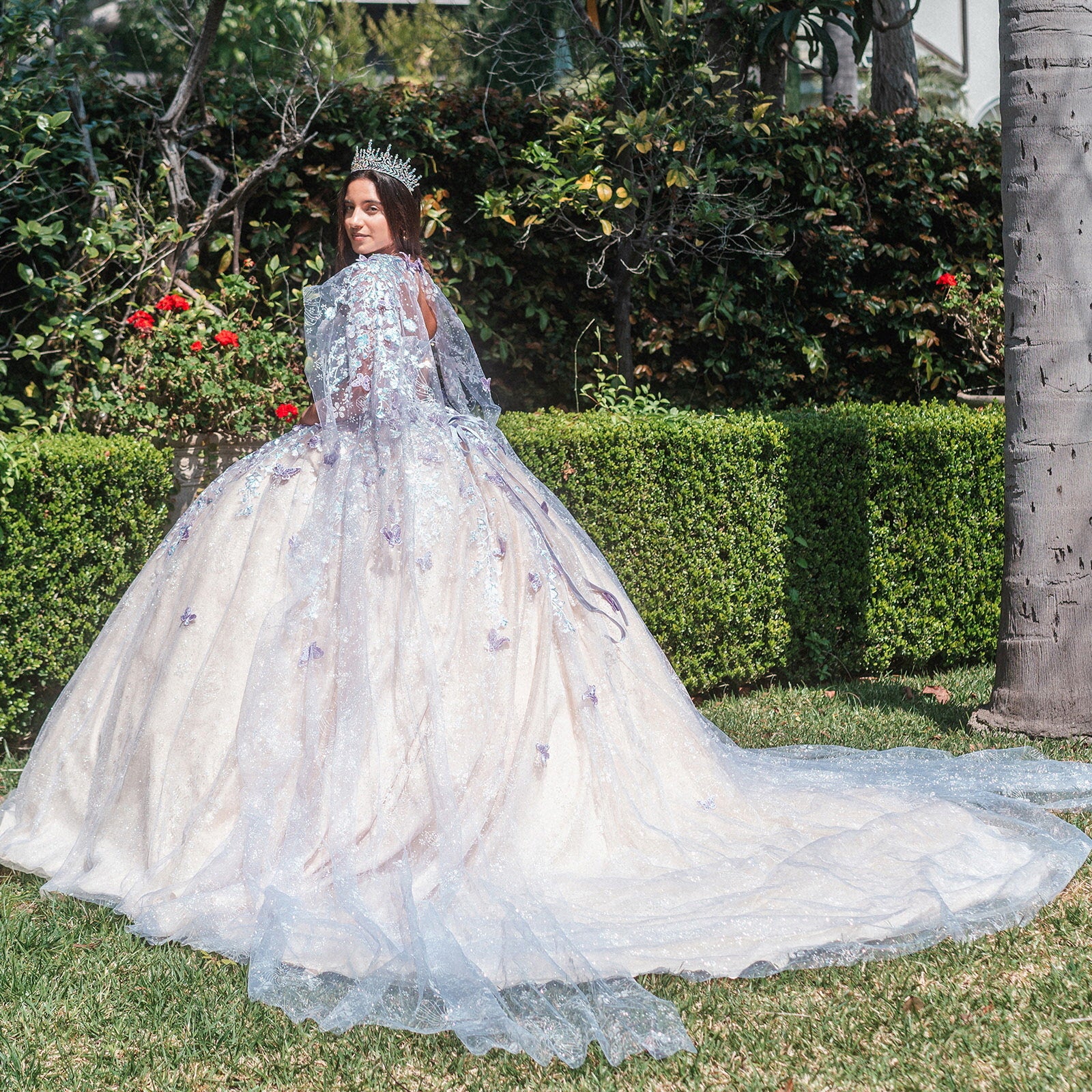 Quinceanera Dresses Long 3D Butterfly Glitter Cape Quinceanera Dress Lilac/Champagne