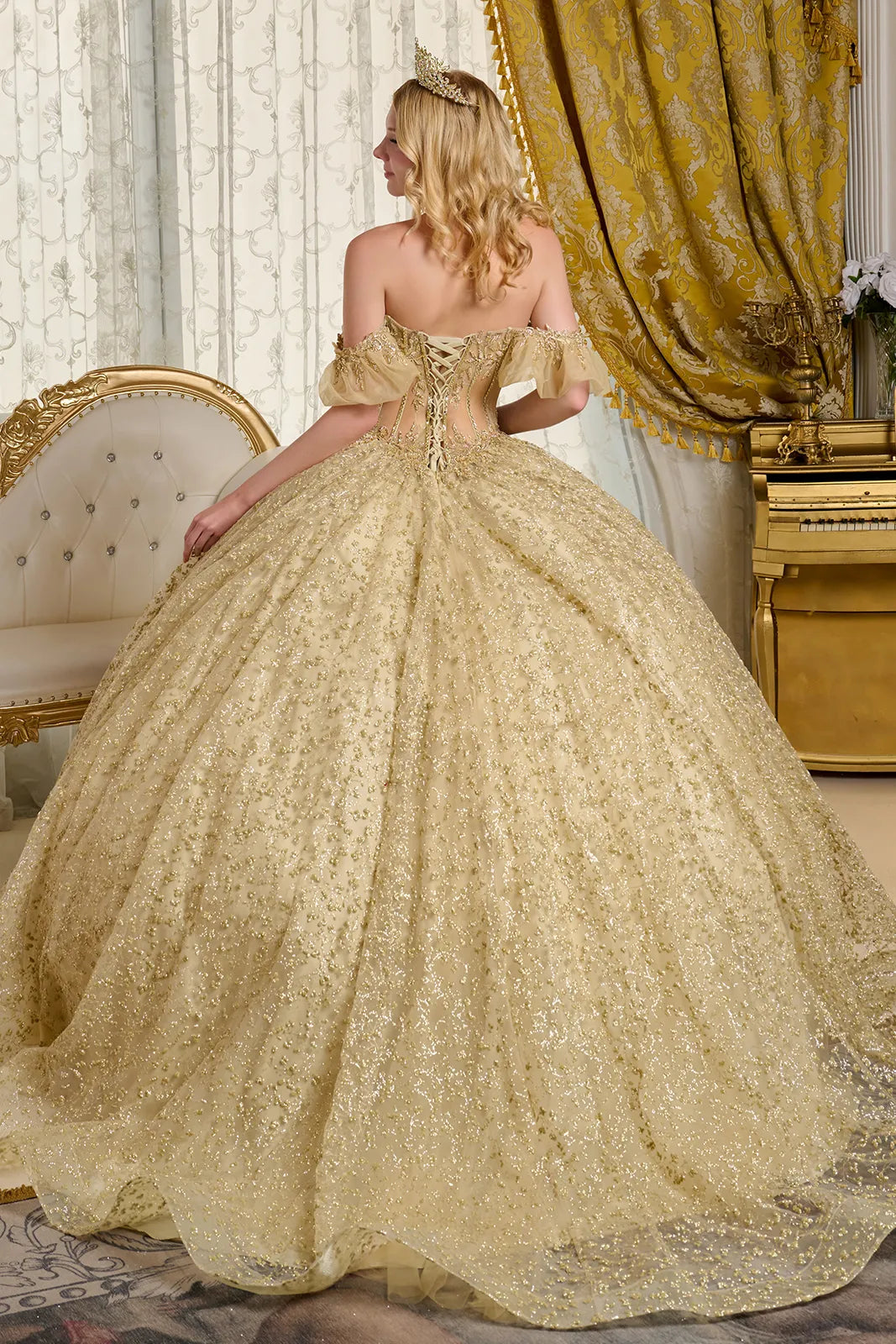 Quinceniera Dresses Glitted Ball Gown Long Quinceanera Dress Gold