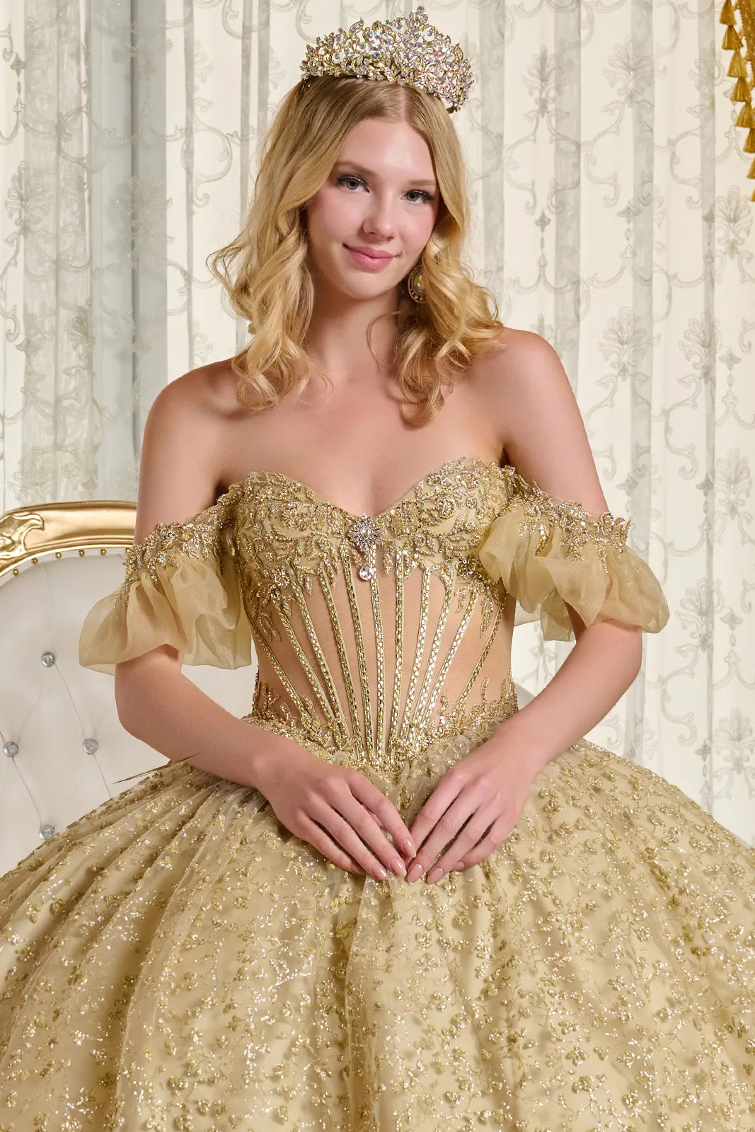 Quinceniera Dresses Glitted Ball Gown Long Quinceanera Dress Gold