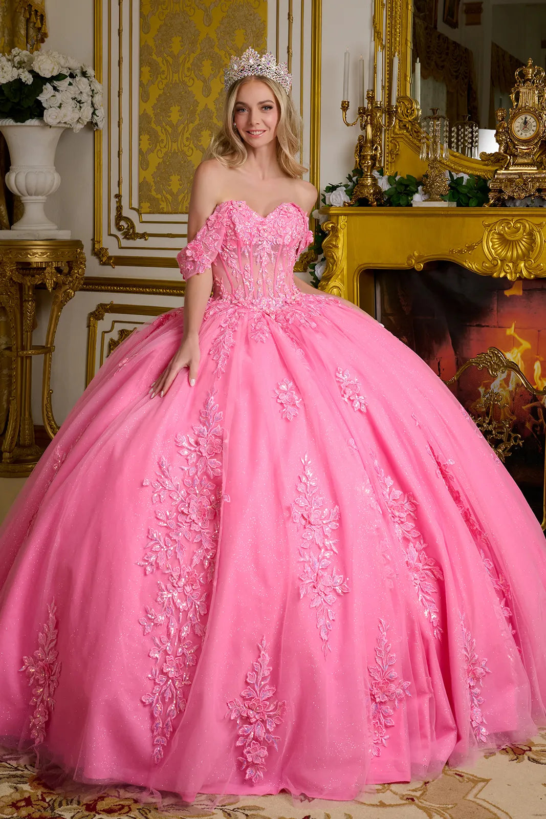 Quinceniera Dresses Long Ball Gown 3D Floral Sequin Quinceanera Dress Hot Pink