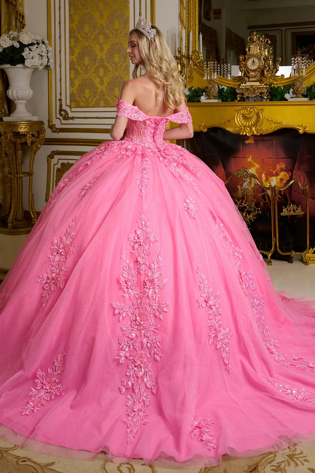 Quinceniera Dresses Long Ball Gown 3D Floral Sequin Quinceanera Dress Hot Pink