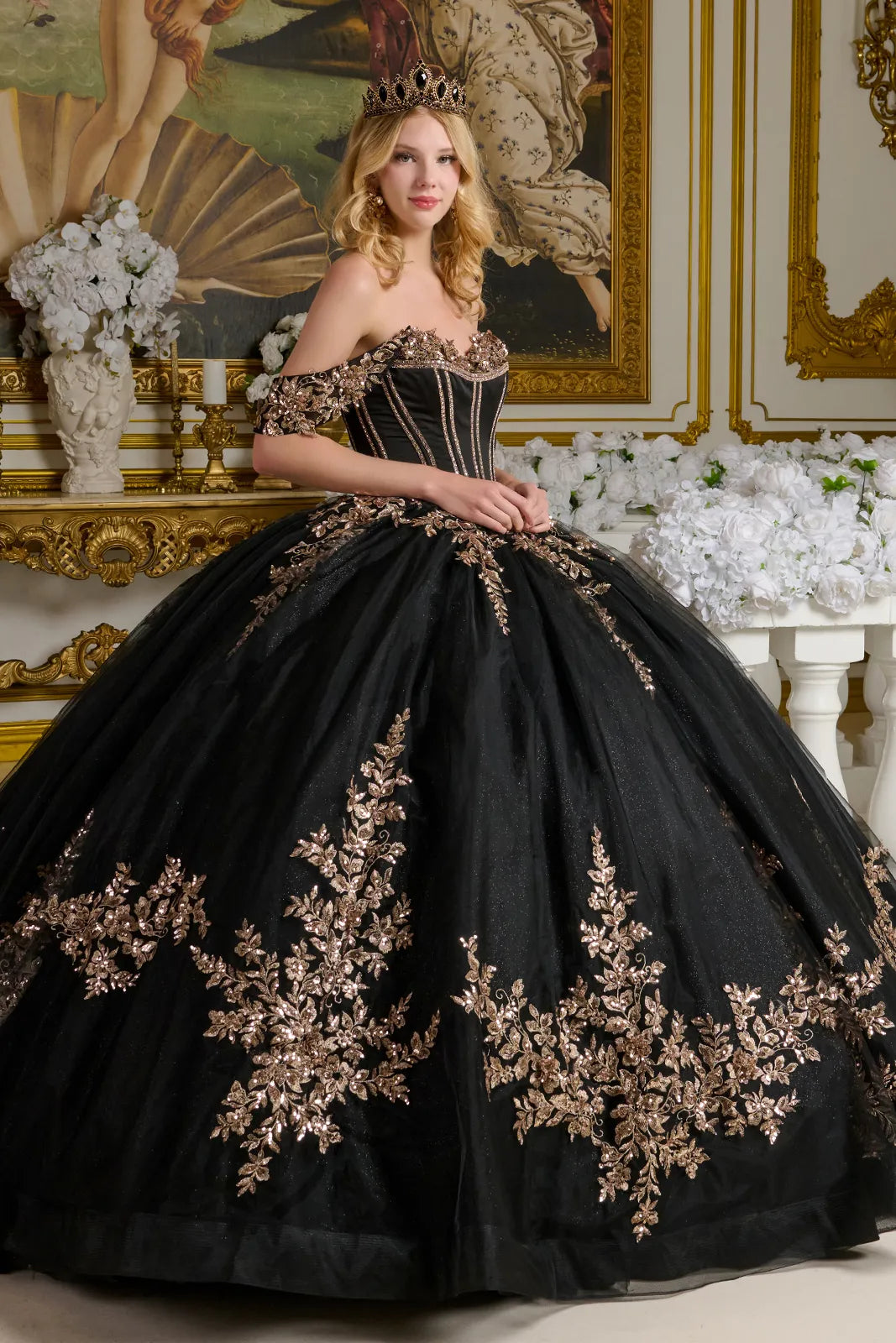 Quinceniera Dresses Floral Ball Gown Long Quinceanera Sequin Dress Black
