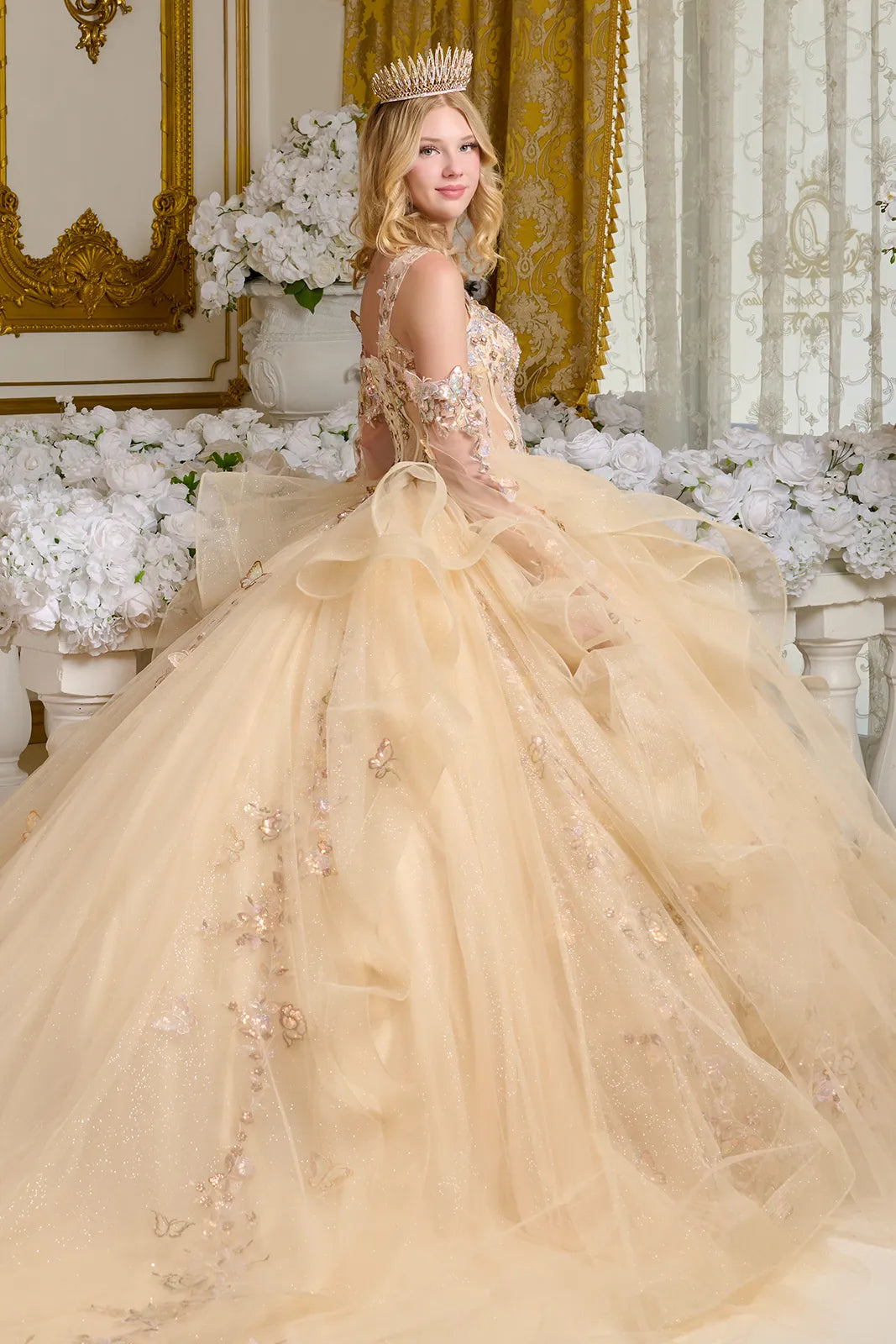 Quinceniera Dresses Ball Gown Long Ruffle Sequin Quinceanera Dress Champagne
