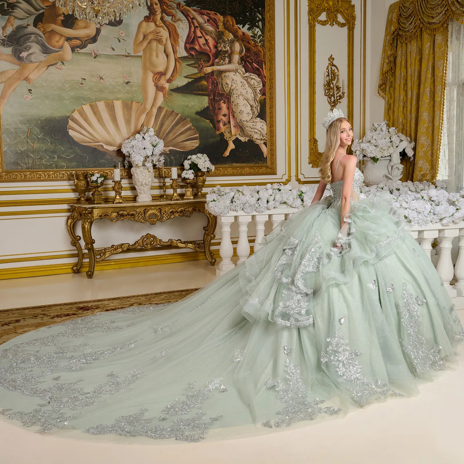 Quinceniera Dresses Sweet 16 Long Ball Gown Metallic Quinceanera Dress Grey Green