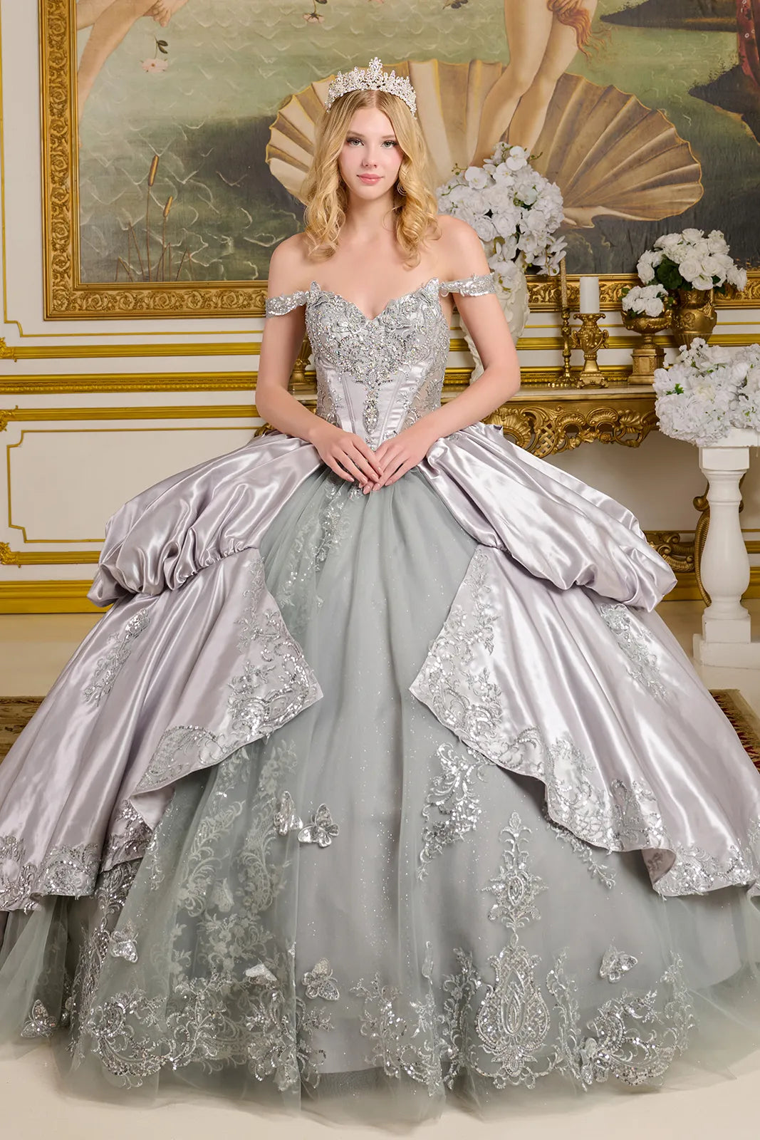 Quinceniera Dresses Long Metallic Sequin Quinceanera Sweet 16 Dress Silver