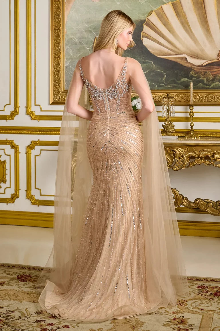 Formal Dresses Long Formal Beaded Sequin Fitted Evening Dress Champagne