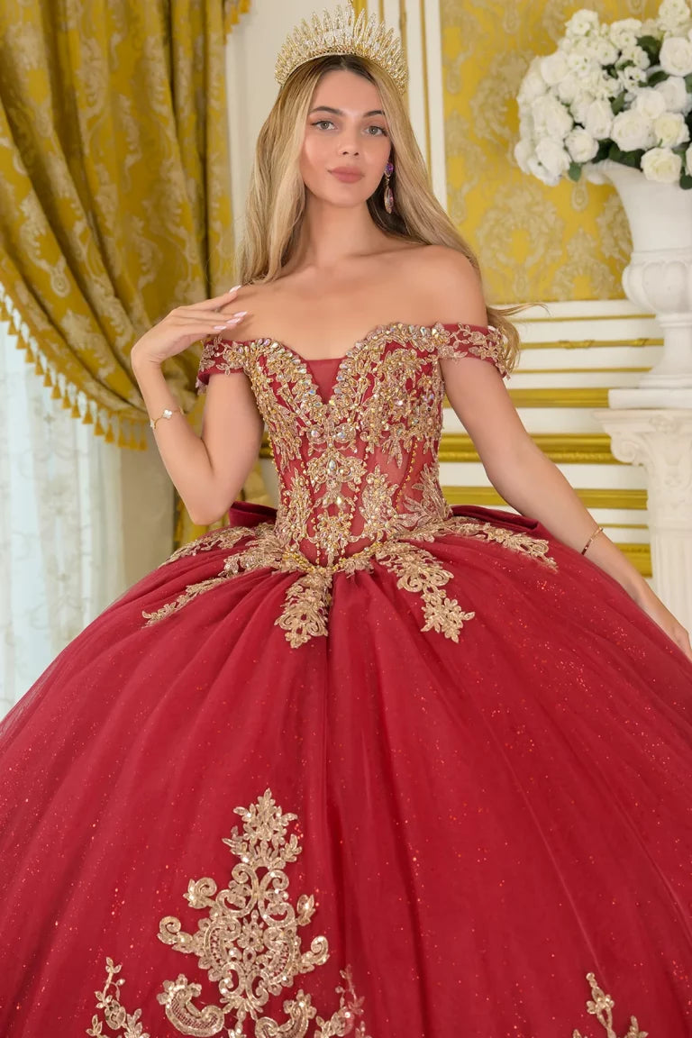 Quinceniera Dresses Corset Beaded Long Glitter Quinceanera Dress Burgundy/Gold