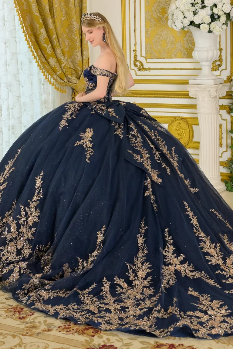 Quinceniera Dresses Ball Gown Glitter Sequin Long Quinceanera Dress Navy/Gold