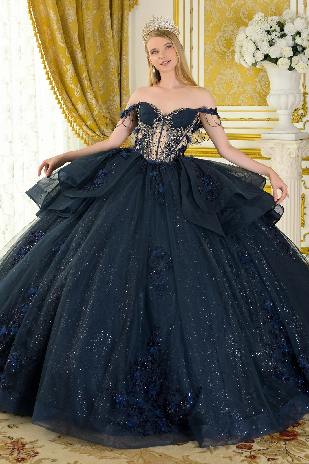 Quinceniera Dresses Ball Gown Long Applique Glitter Quinceanera Dress Navy