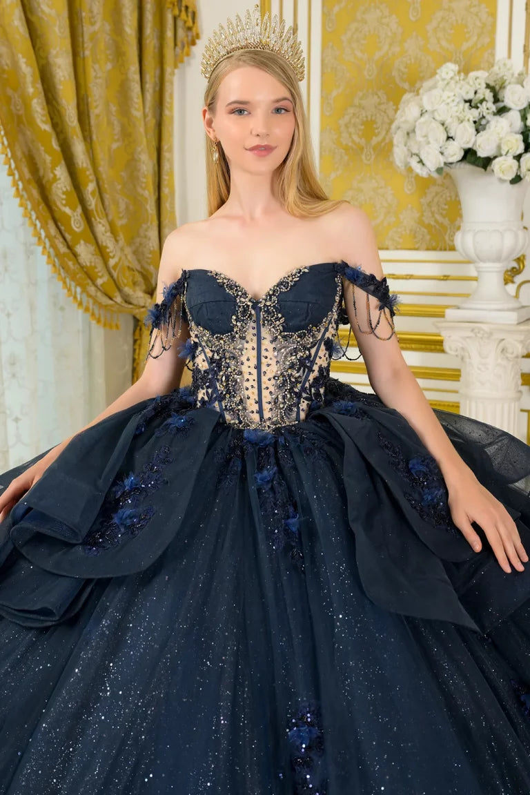 Quinceniera Dresses Ball Gown Long Applique Glitter Quinceanera Dress Navy