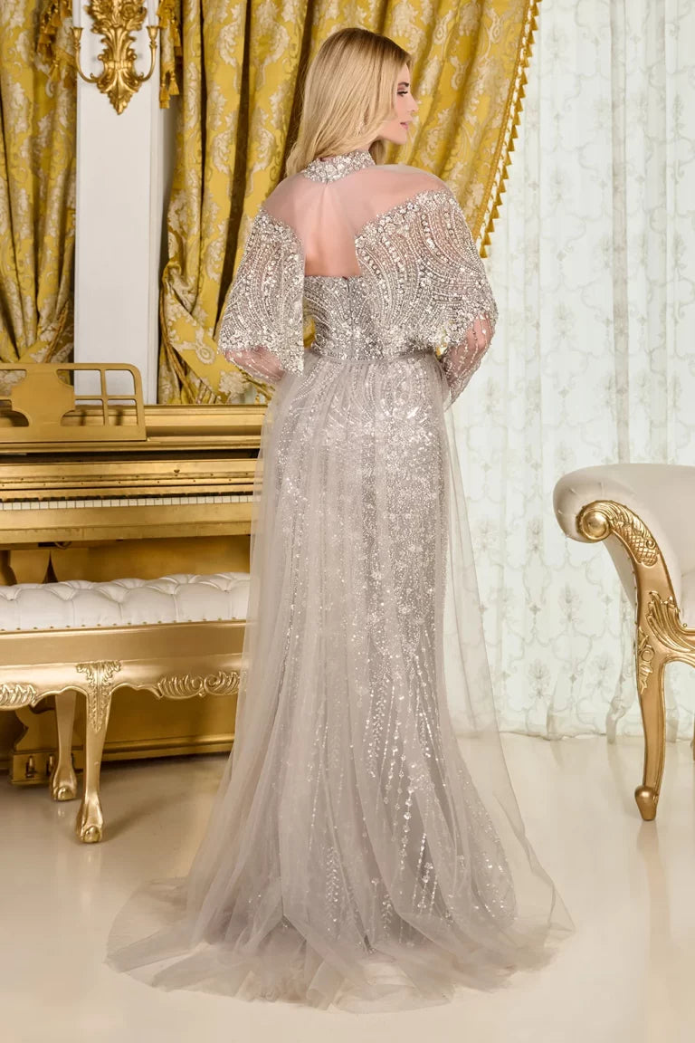 Mother of the Bride Dresses Sequin Long Formal Beaded Cape Mother of the Bride Dress Dark Silver