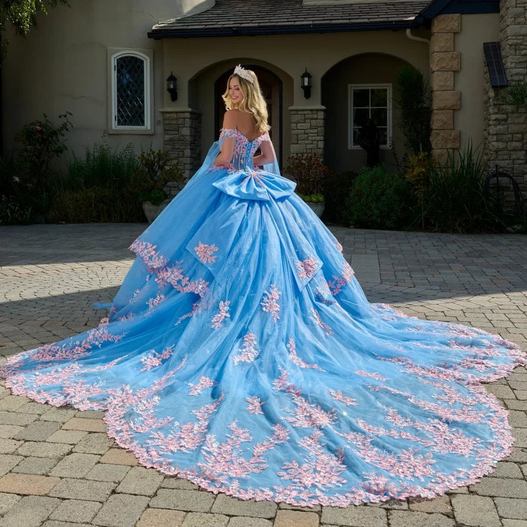 Quinceniera Dresses Long Applique Beaded Ball Gown Quinceanera Dress Bahama Blue