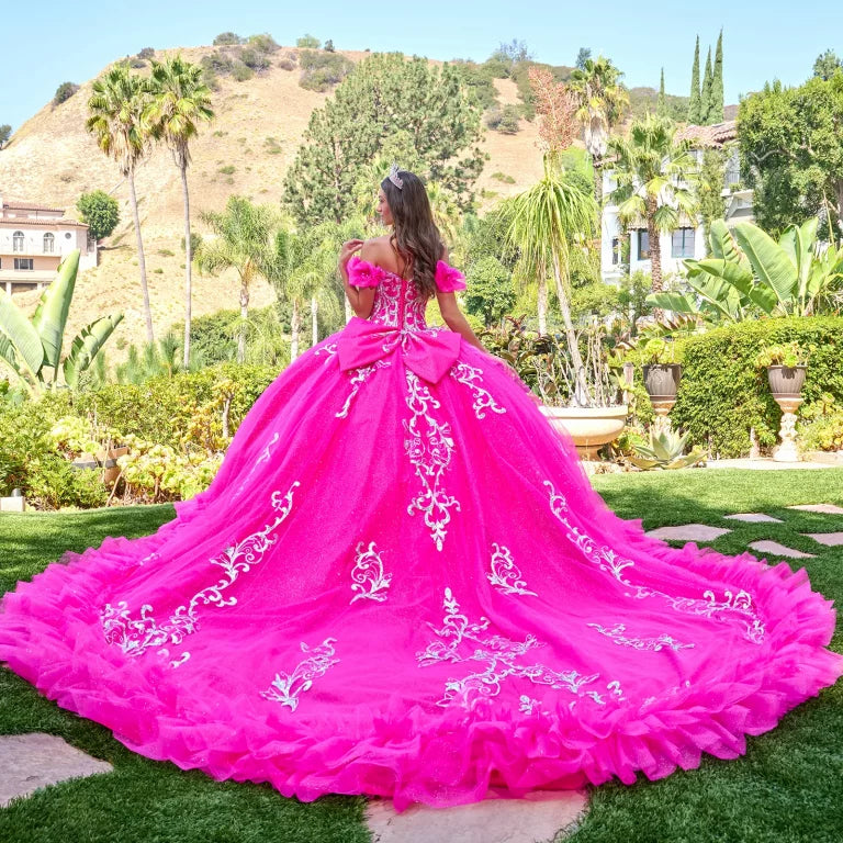 Quinceniera Dresses Glitter Applique Long Corset Sequin Ball Gown Quinceanera Dress Fuchsia