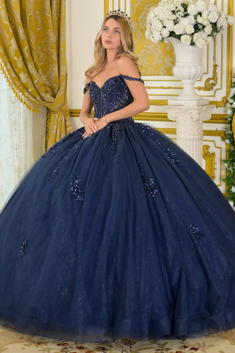 Quinceniera Dresses Long Ball Gown Beaded Sequin Quinceanera Dress Navy