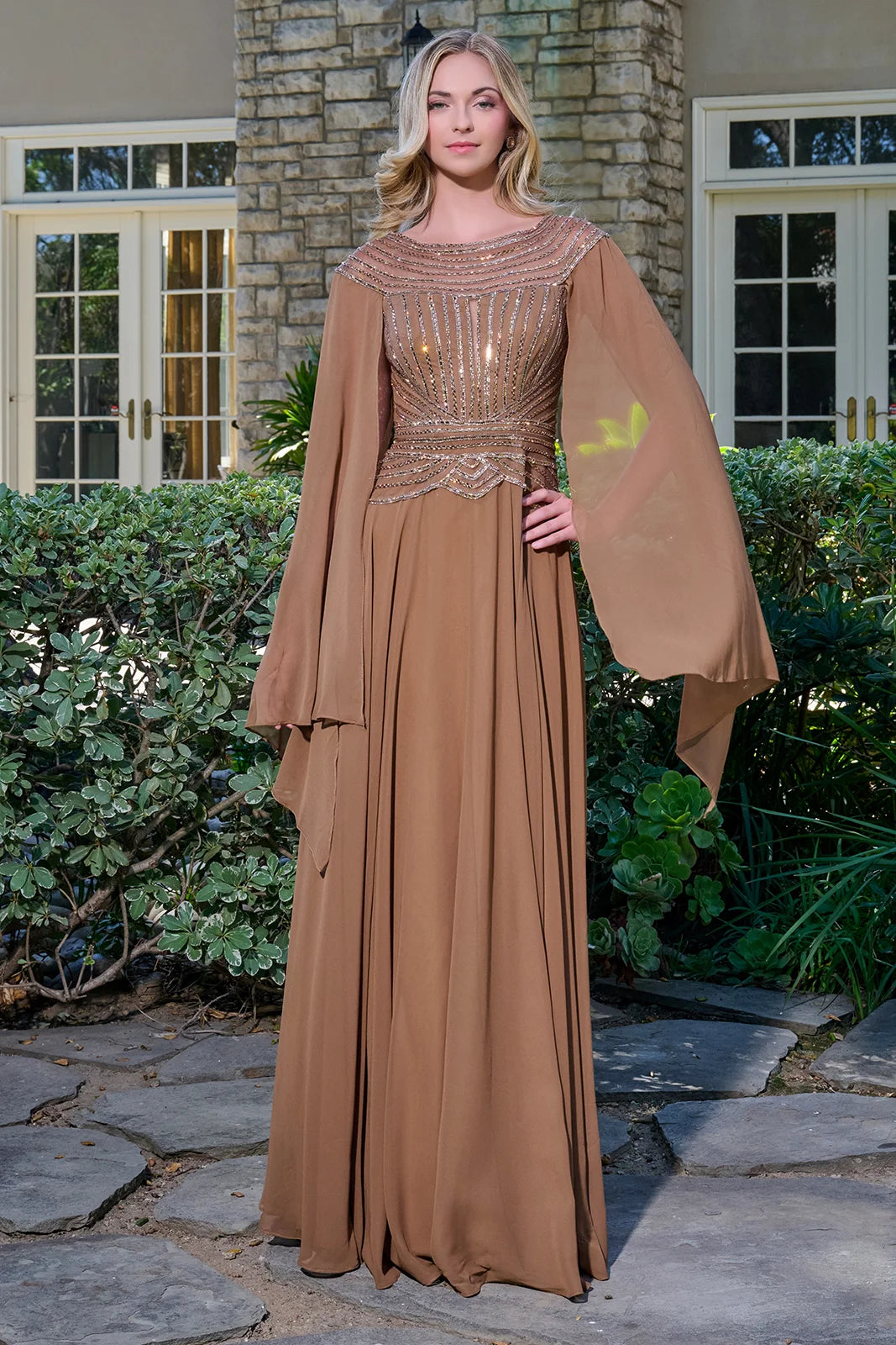 Bateau Neck Long Chiffon Evening Gown by GLS 3736 in Chocolate Brown