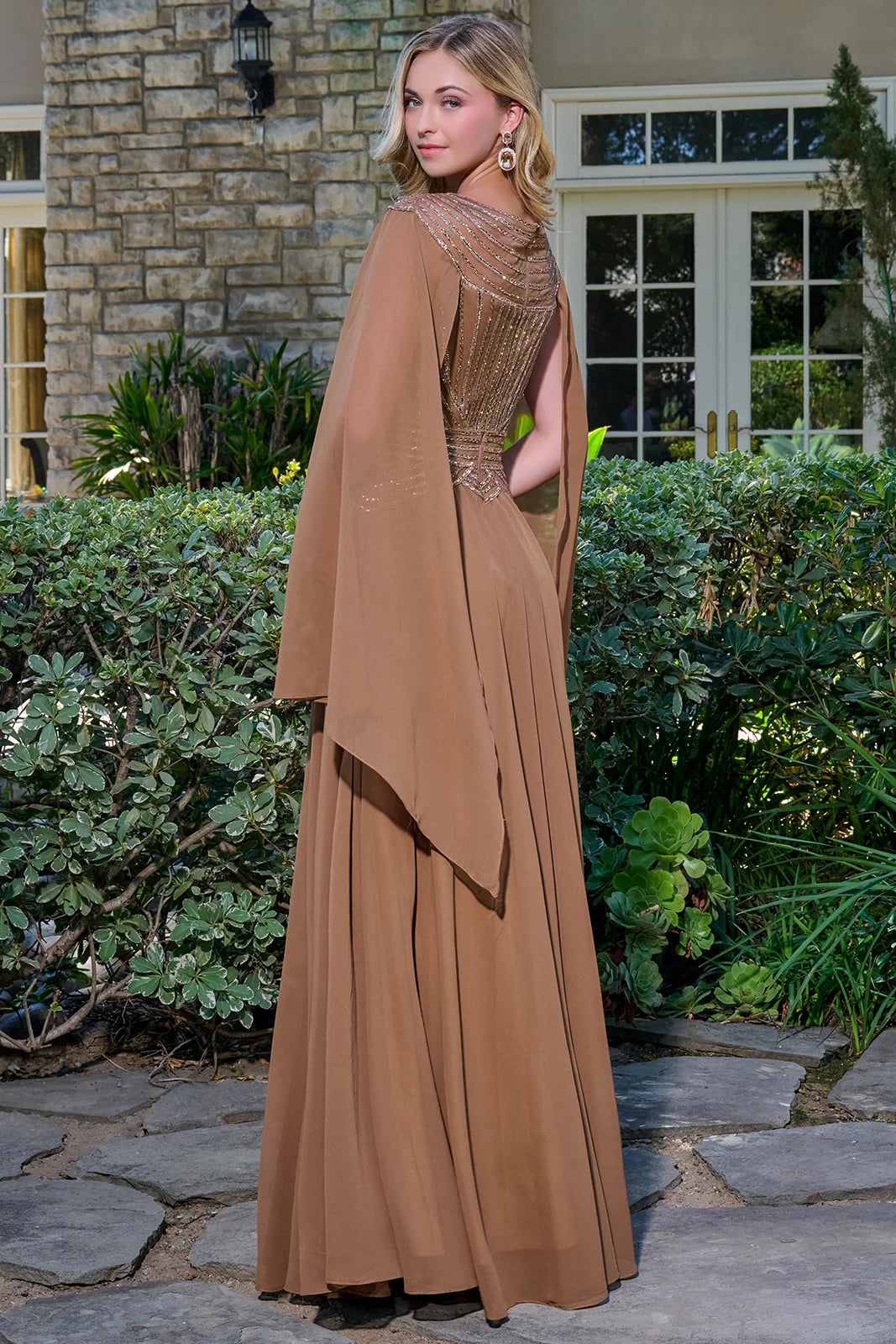Bateau Neck Long Chiffon Evening Gown by GLS 3736 in Chocolate Brown
