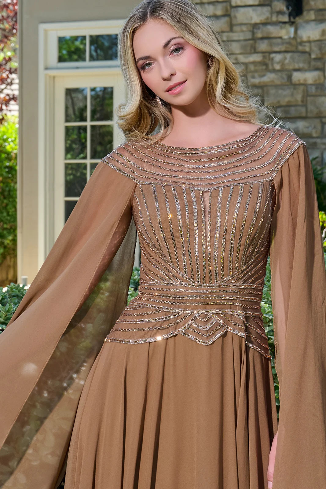 Bateau Neck Long Chiffon Evening Gown by GLS 3736 in Chocolate Brown
