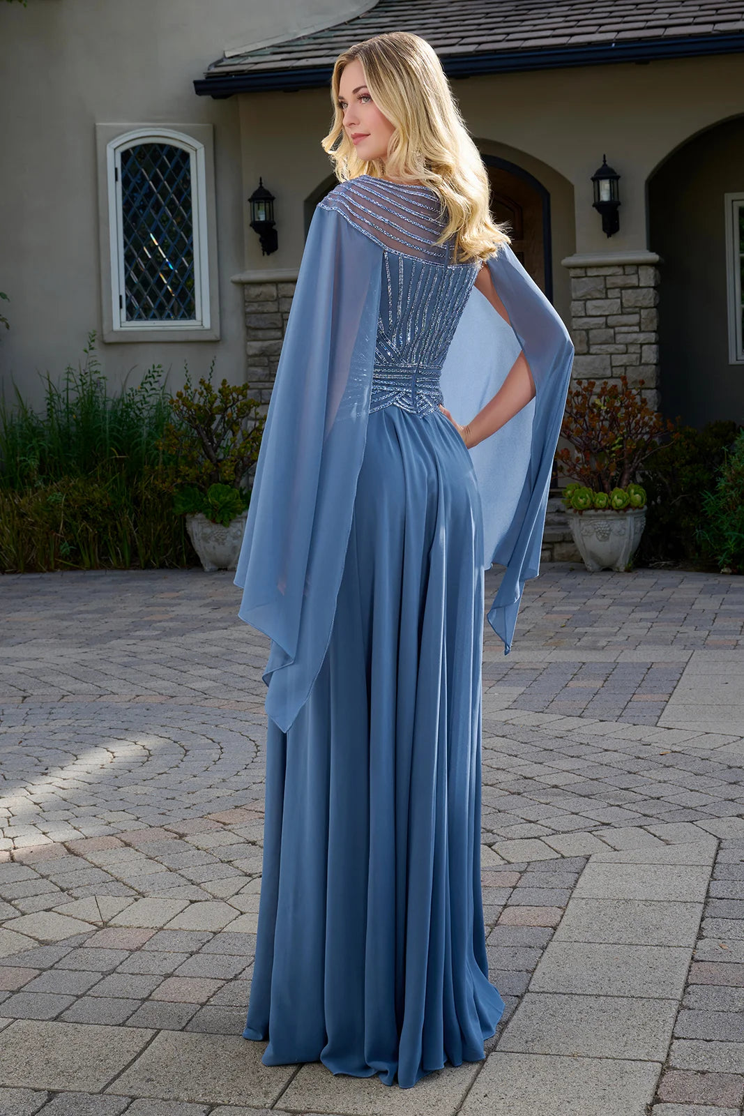 Bateau Neck Long Chiffon Evening Gown by GLS 3736 in Smoky Blu