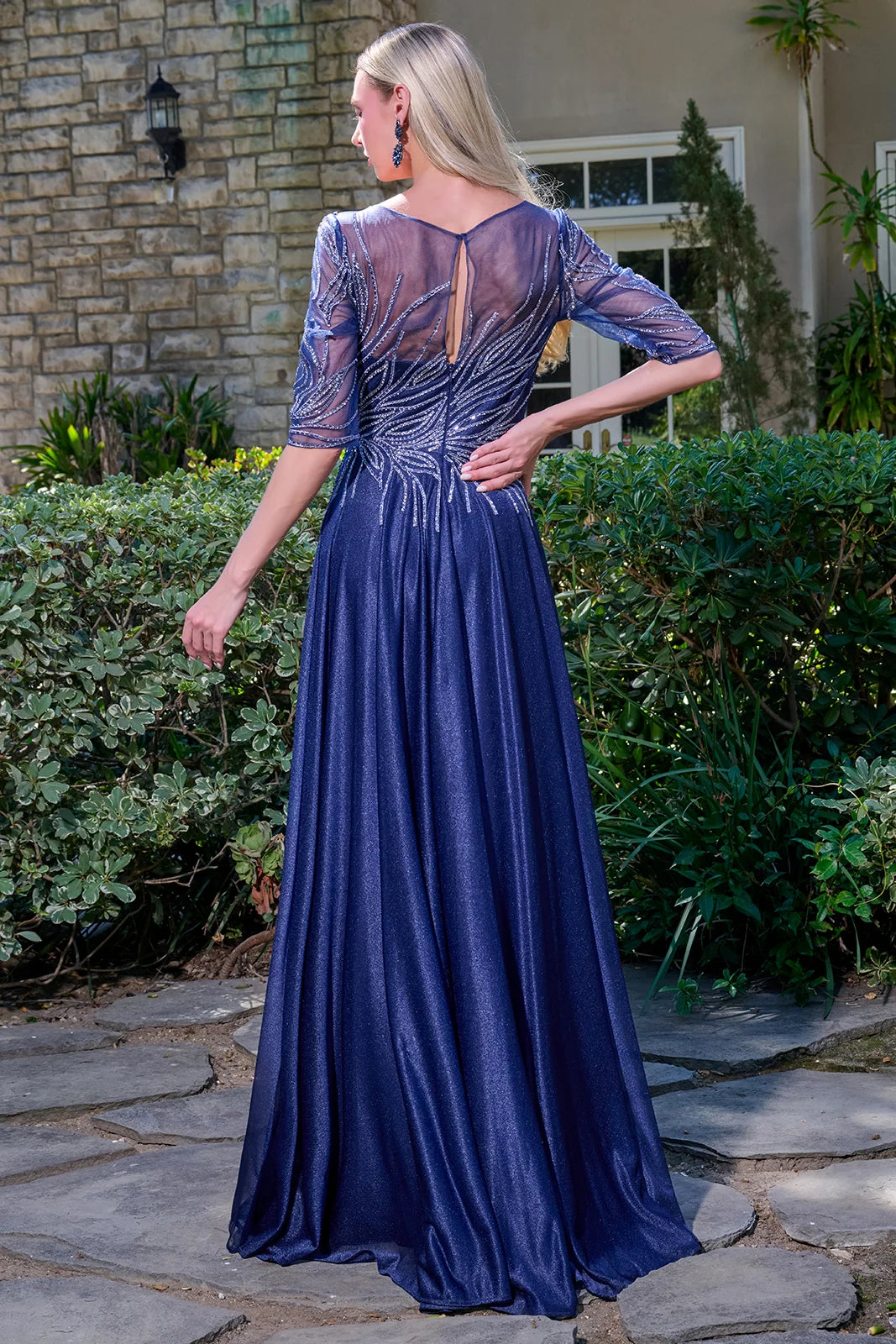 V-Neck Long Embellished Mother of the Bride Dress by GLS 3739 in Navy