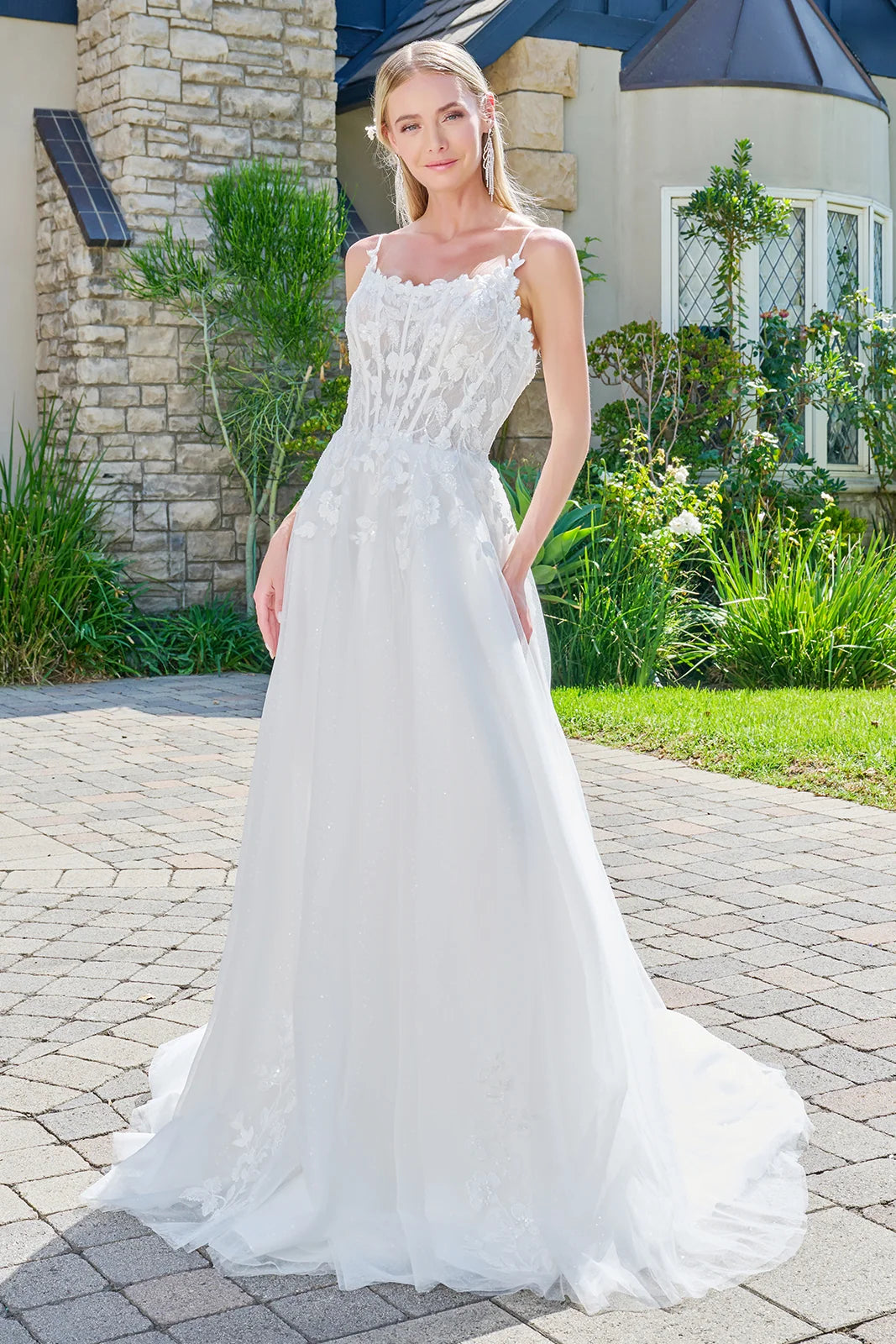 Scoop Neck Long Lace Wedding Dress by GLS 3755 in Off White