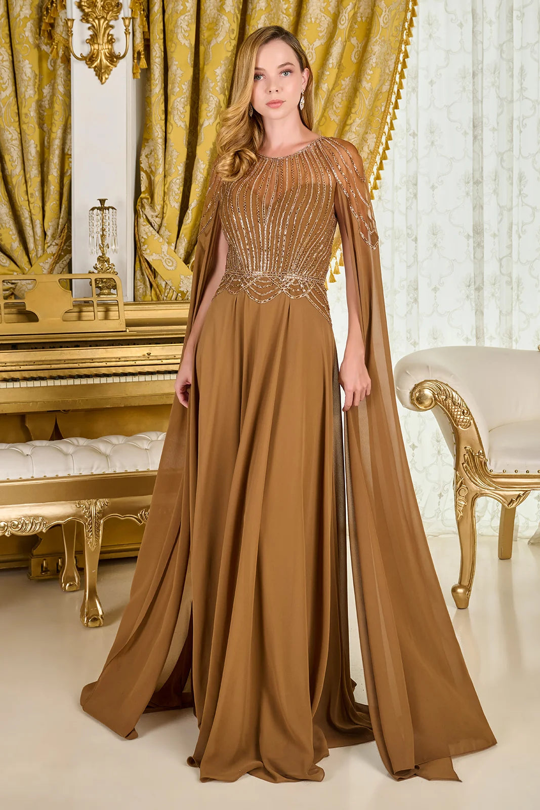 Prom Dresses Long Formal Fitted Cape Mother of the Bride Dress Light Brown