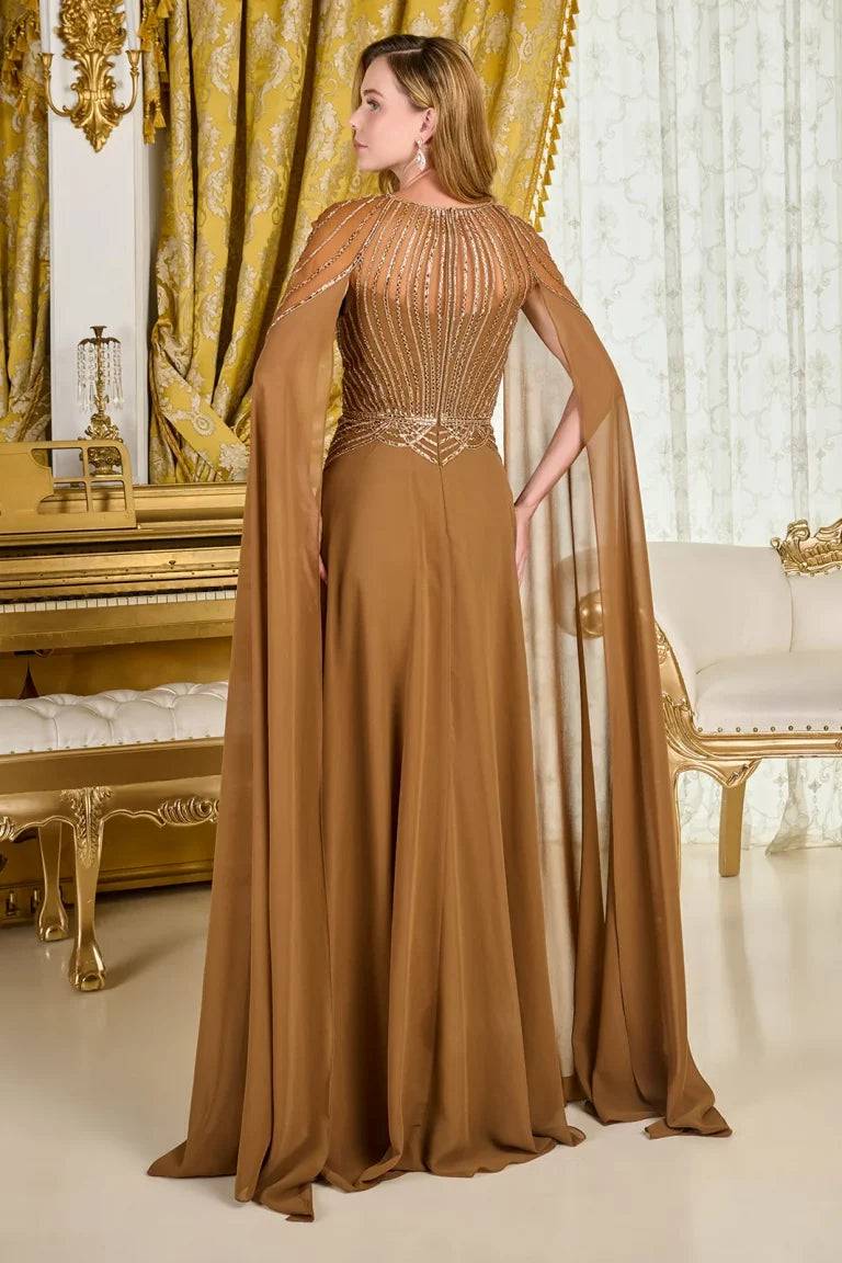 Prom Dresses Long Formal Fitted Cape Mother of the Bride Dress Light Brown
