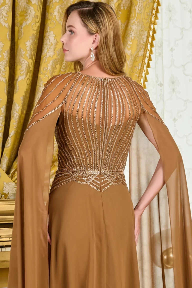 Prom Dresses Long Formal Fitted Cape Mother of the Bride Dress Light Brown