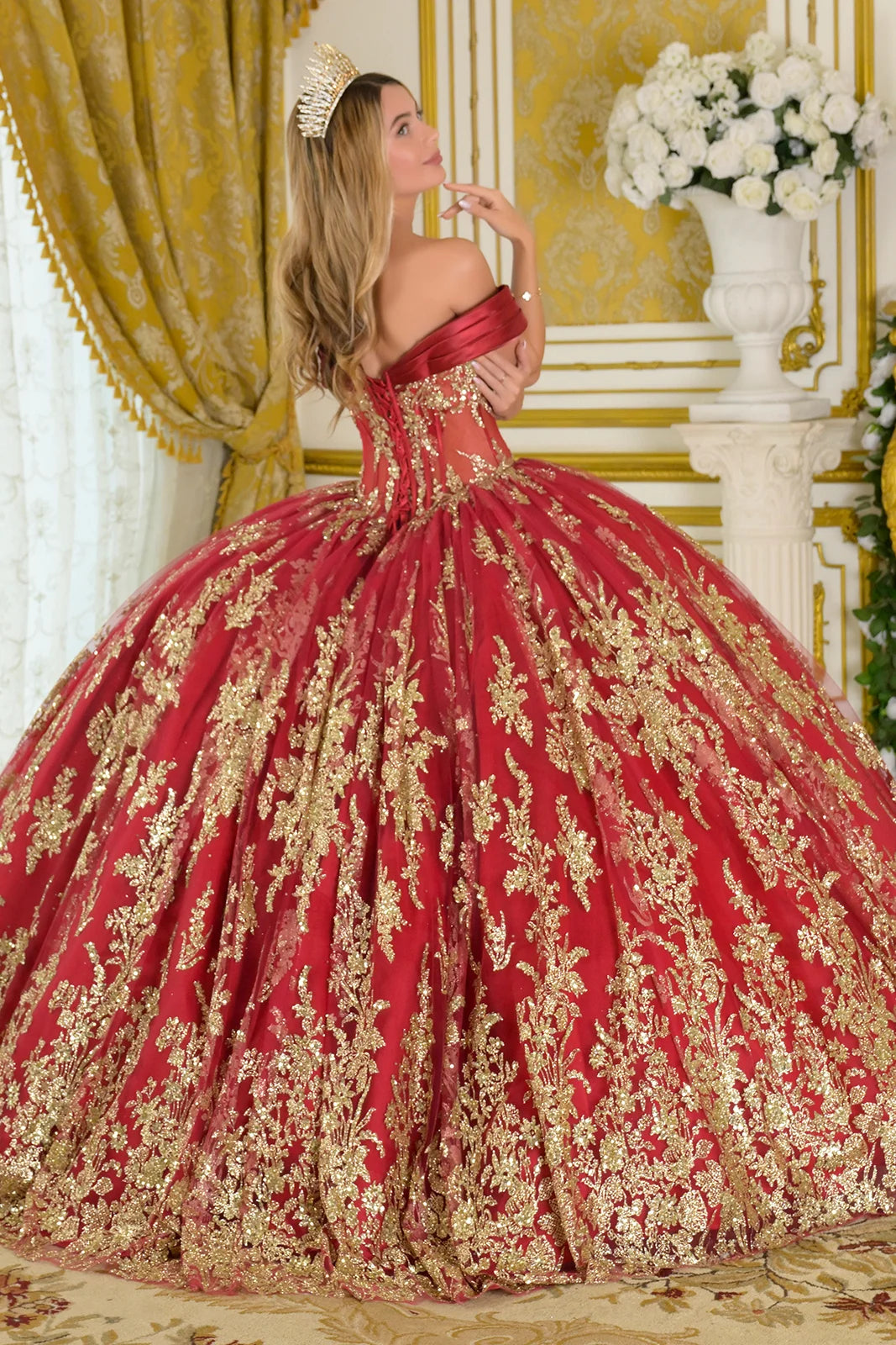 Quinceniera Dresses Long Quinceanera Beaded Corset Ball Gown Dress Burgundy