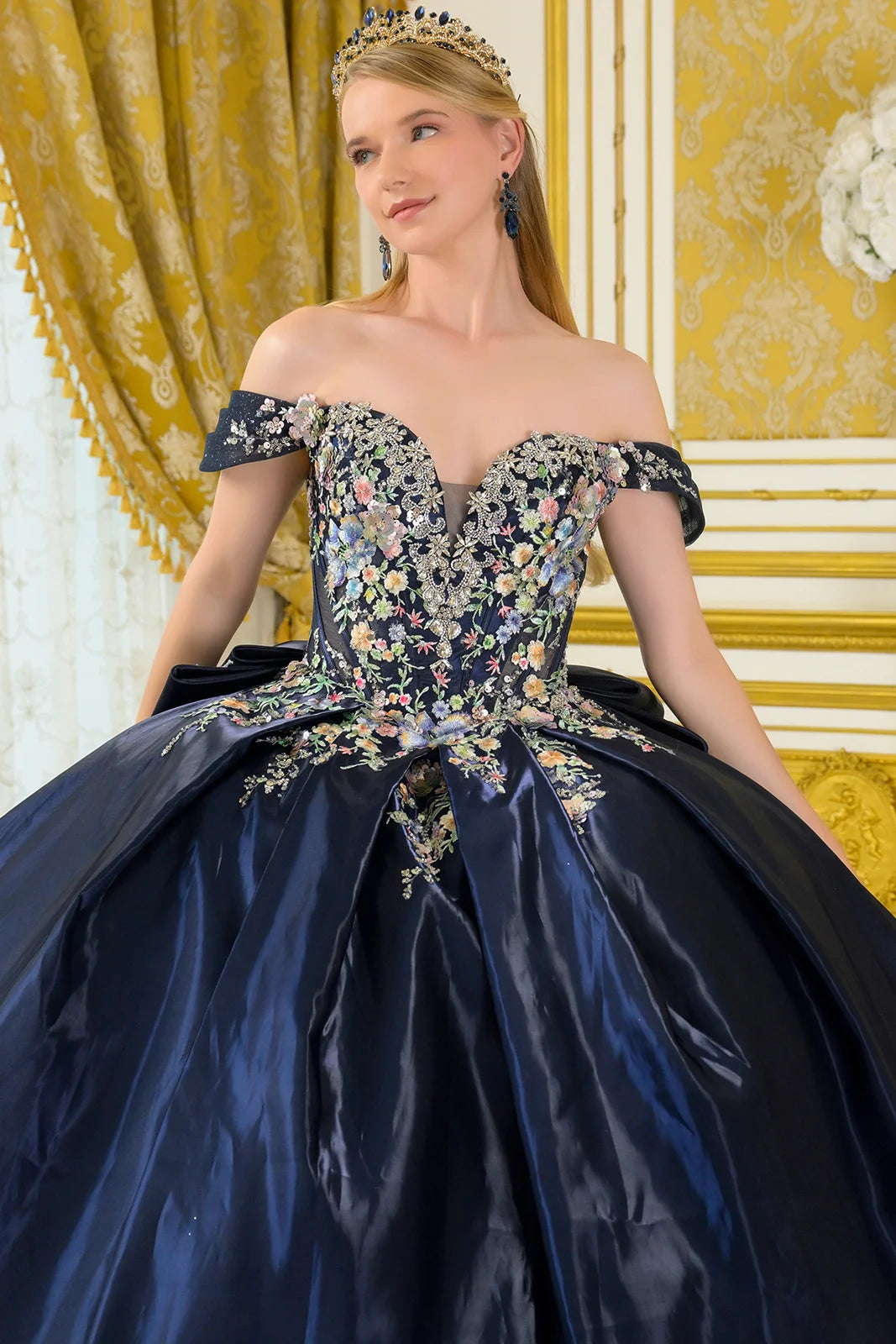 Quinceniera Dresses Long Quinceanera Ball Gown Corset Beaded Sequin Dress Navy