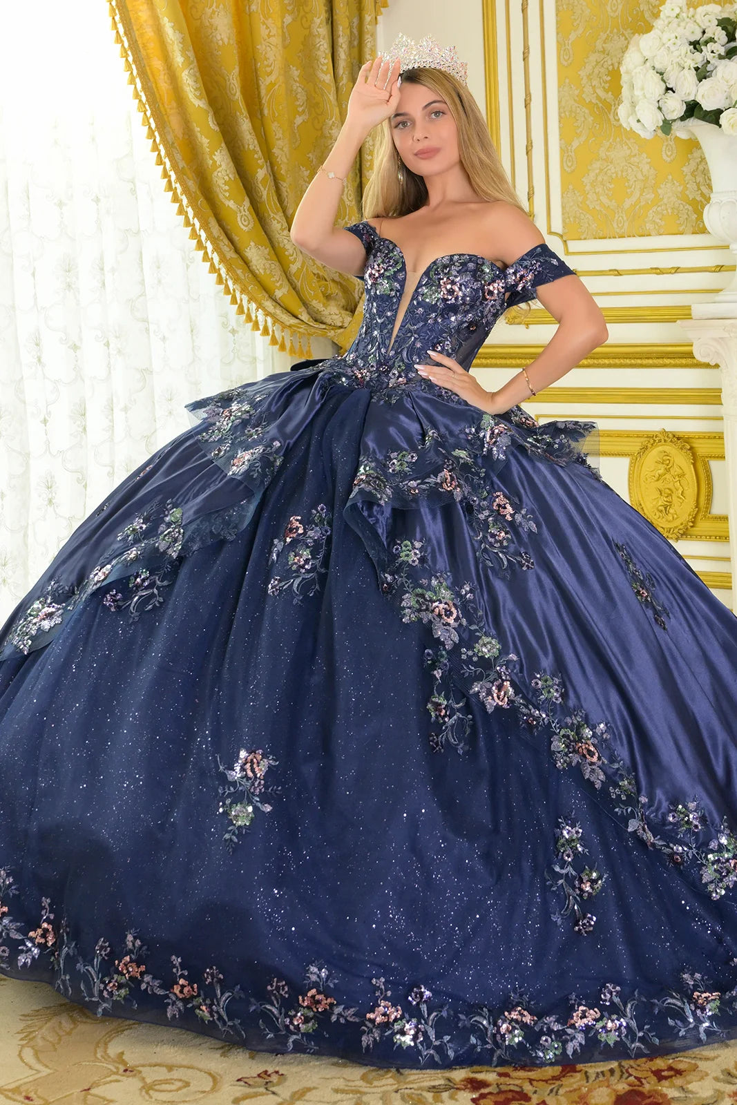 Quinceniera Dresses Long Quinceanera Ball Gown Corset Sequin Dress Navy