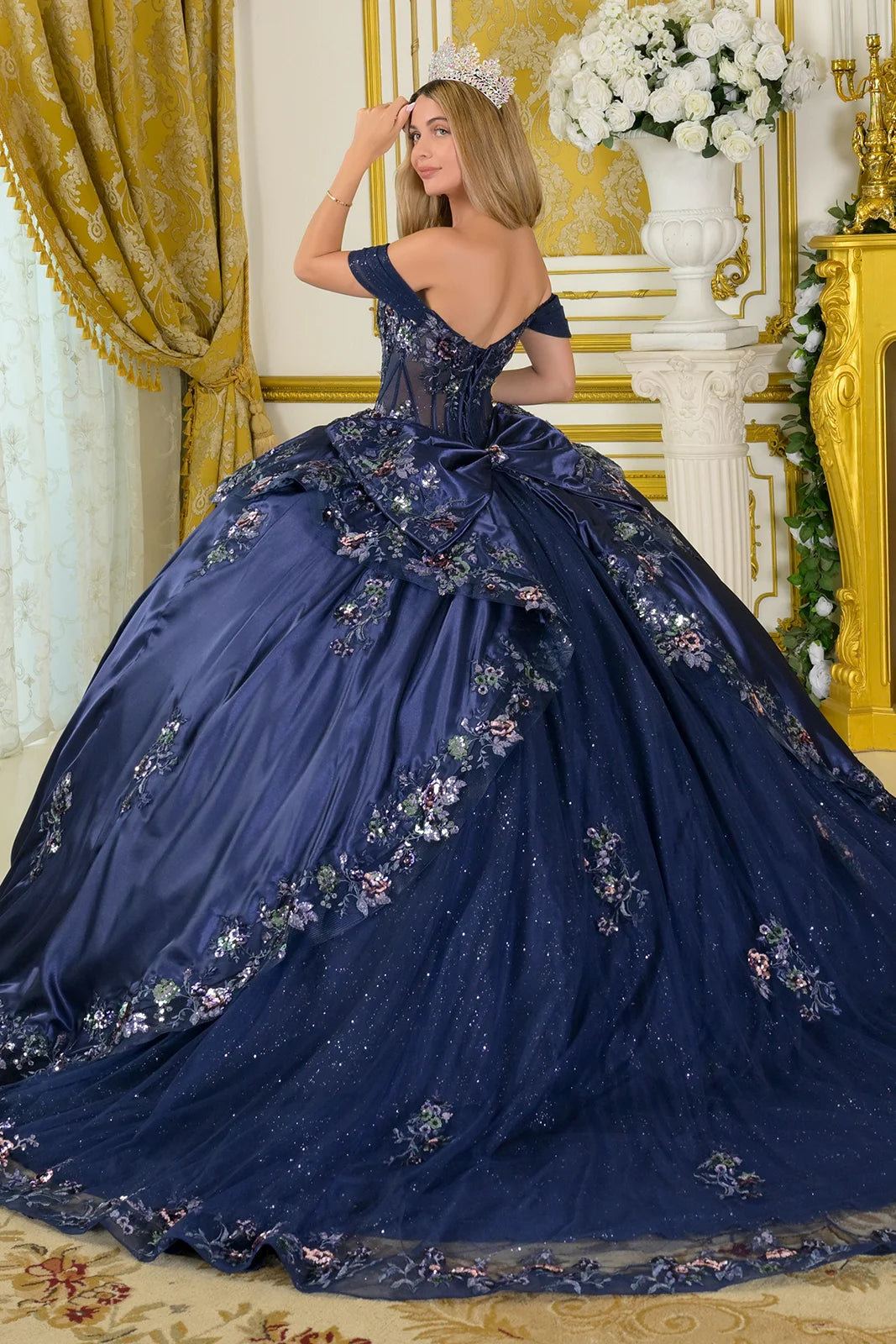 Quinceniera Dresses Long Quinceanera Ball Gown Corset Sequin Dress Navy